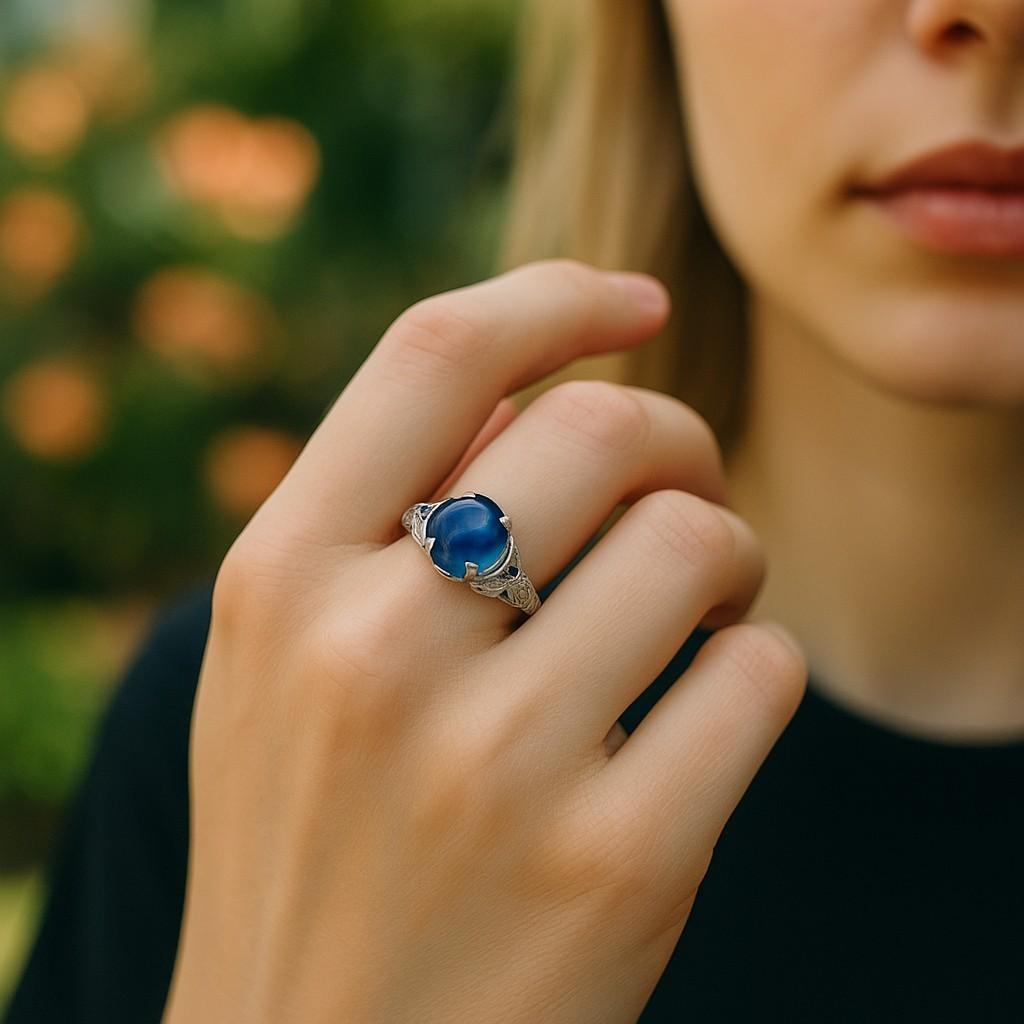 GIA Certified No Heat Round Cabochon Sapphire In VIntage Engraved Diamond Ring In Good Condition For Sale In New York, NY