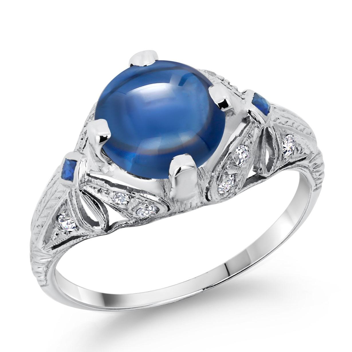 GIA Certified No Heat Round Cabochon Sapphire In VIntage Engraved Diamond Ring For Sale 3