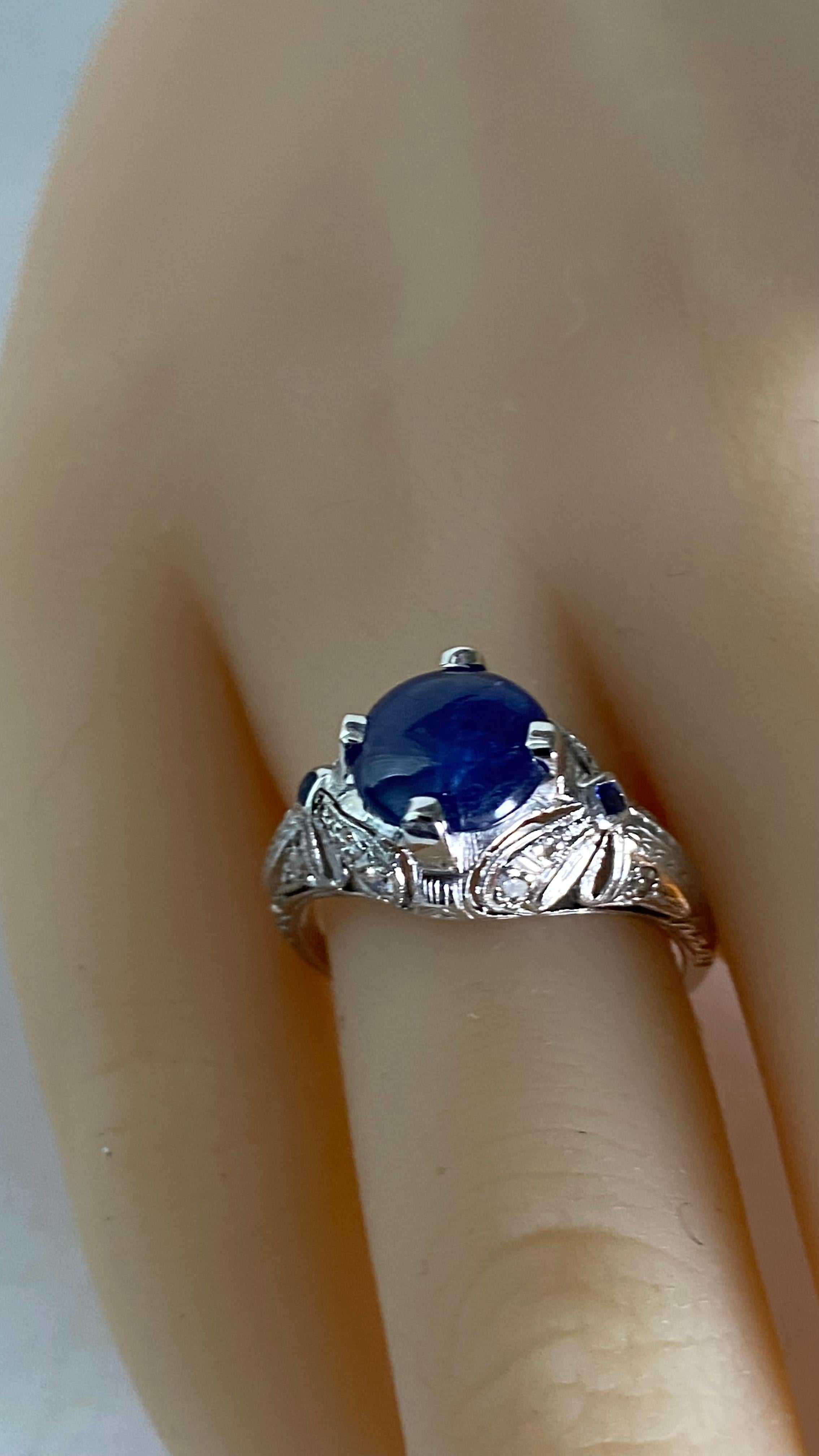 GIA Certified No Heat Round Cabochon Sapphire In VIntage Engraved Diamond Ring For Sale 4