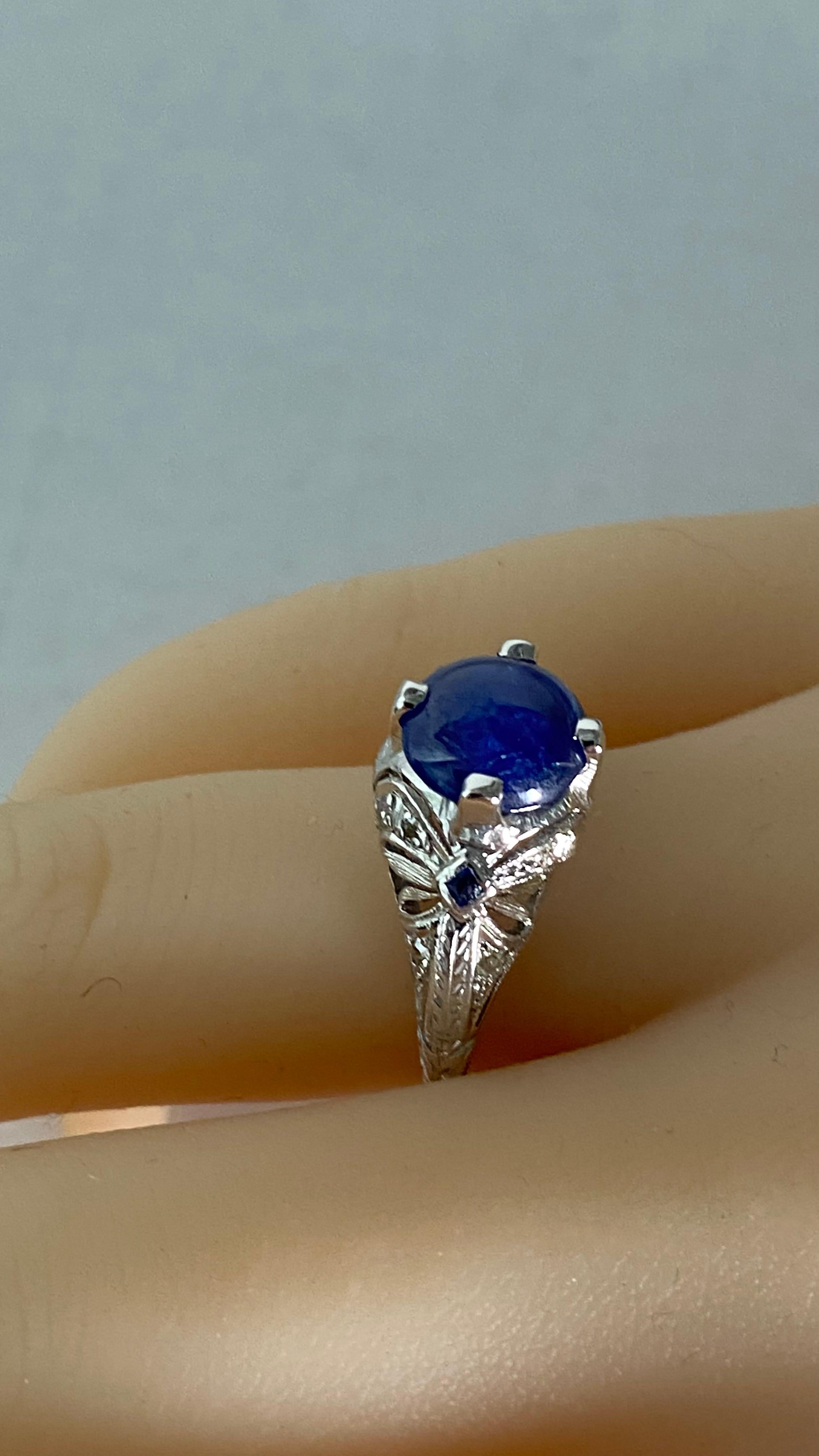 GIA Certified No Heat Round Cabochon Sapphire In VIntage Engraved Diamond Ring For Sale 5