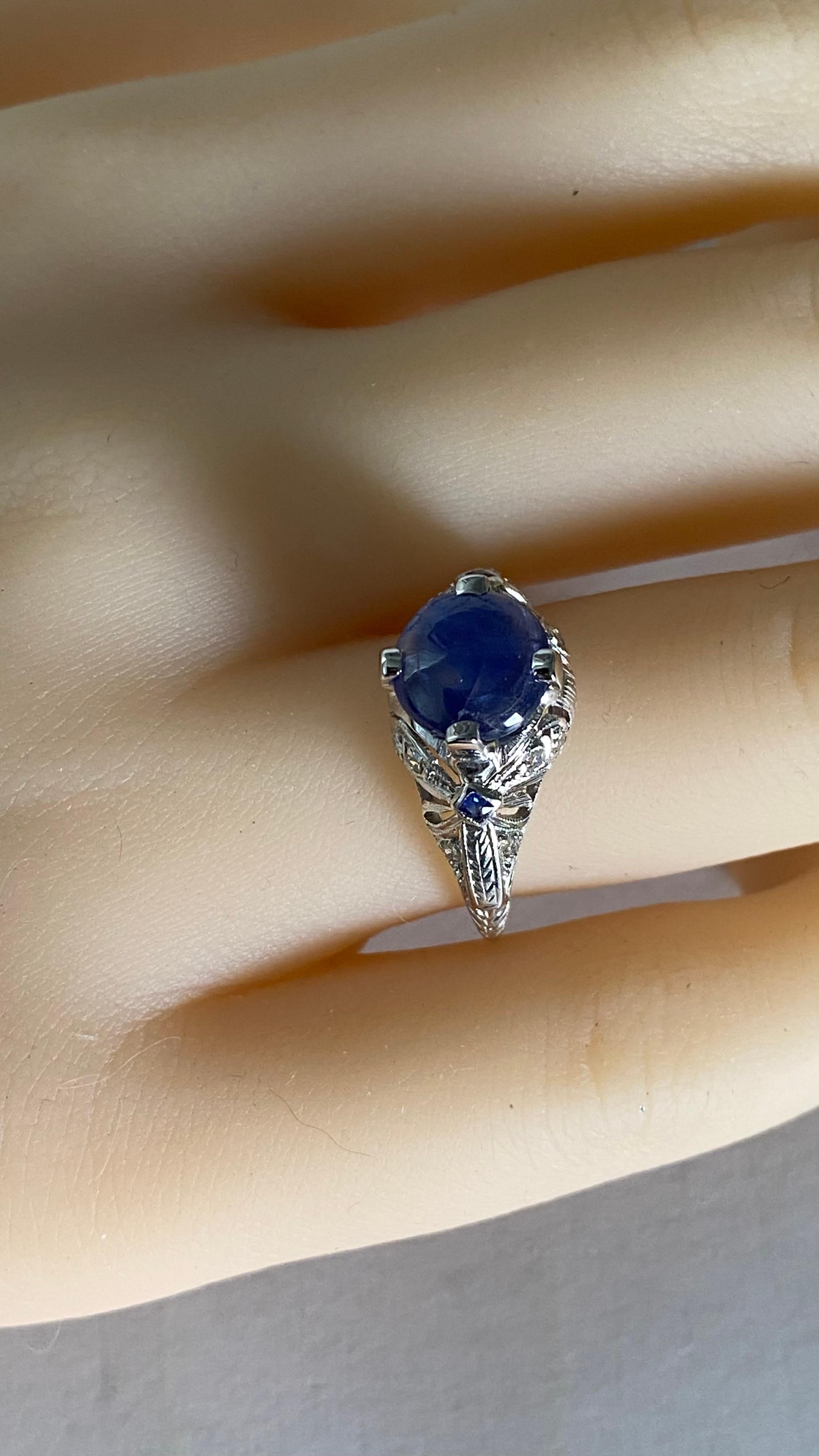 GIA Certified No Heat Round Cabochon Sapphire In VIntage Engraved Diamond Ring For Sale 6