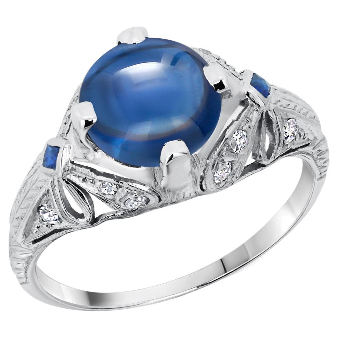 GIA Certified No Heat Round Cabochon Sapphire In VIntage Engraved Diamond Ring For Sale