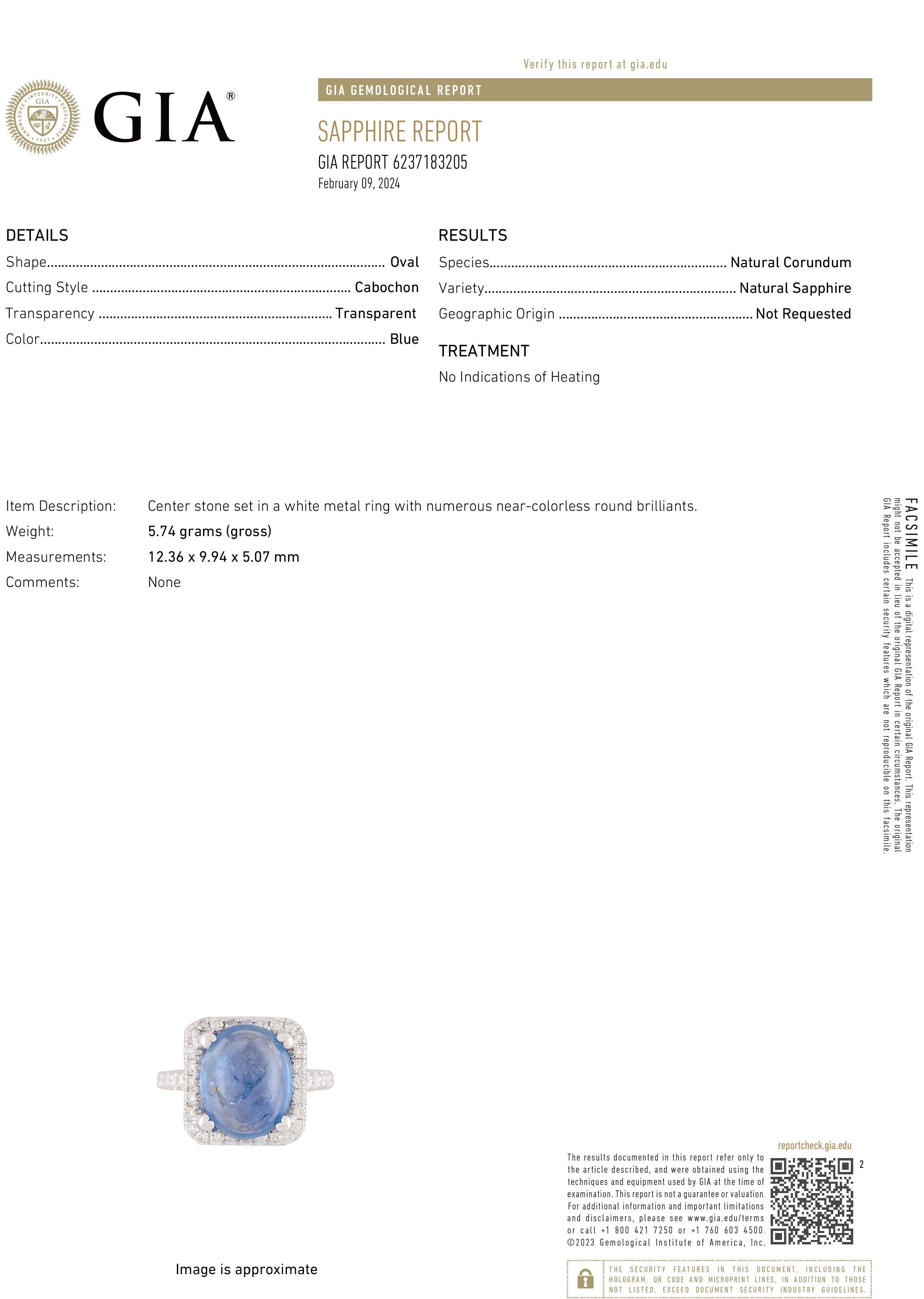 GIA Certified No Heat Sapphire 6.46 Carat Diamond 0.75 Carat 14 Karat White Gold Ring 5.5
This exquisite engagement ring features a stunning oval-shaped Ceylon sapphire, certified by the Gemological Institute of America (GIA) as having no
