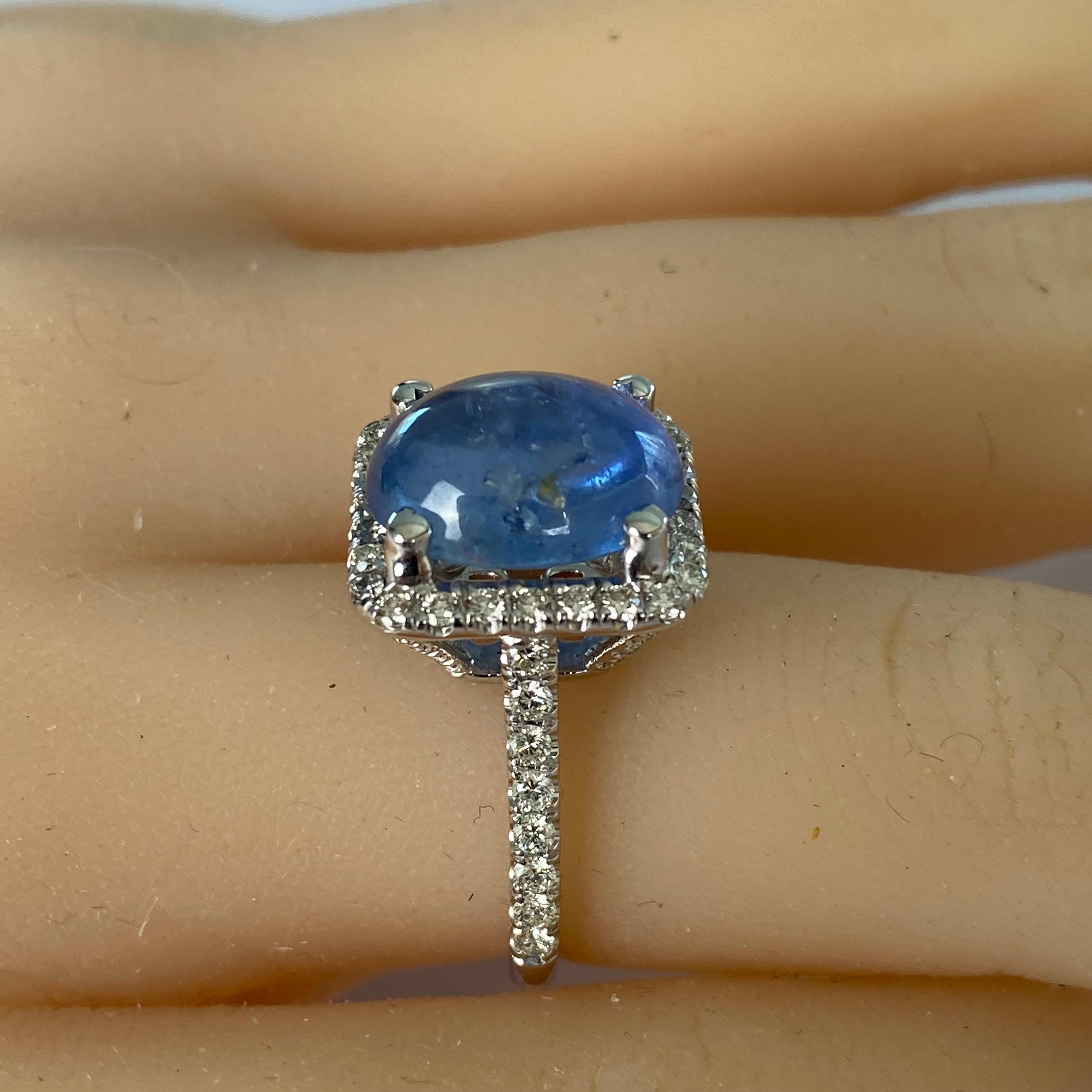 Cabochon GIA Certified No Heat Sapphire 6.46 Carat Diamond 0.75 Carat White Gold Ring 5.5 For Sale