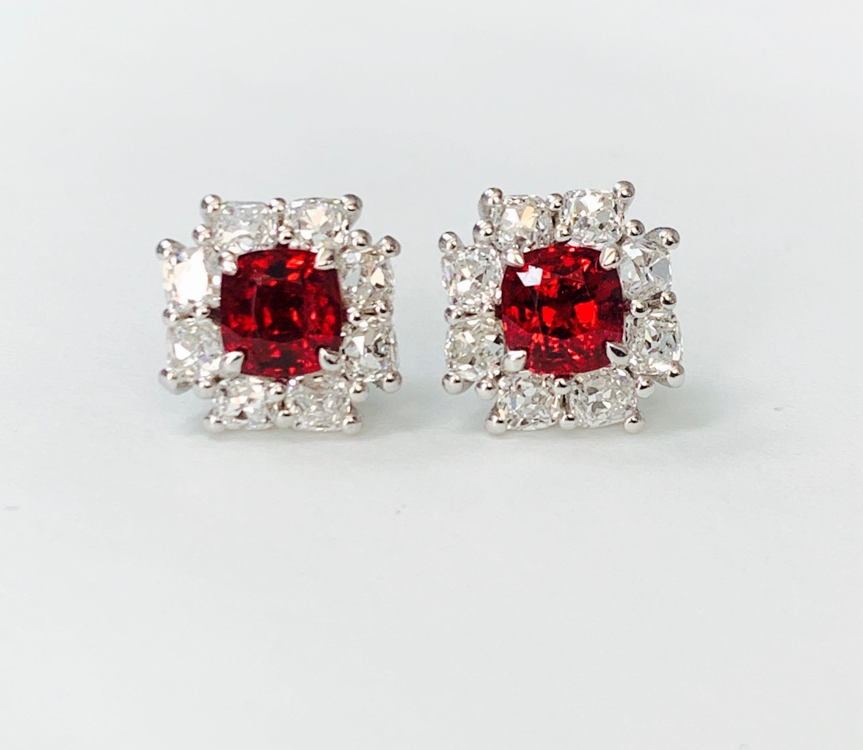 Very attractive GIA certified no heat spinel and diamond stud earrings beautifully hand crafted in platinum. 
The details are as follows : 
Spinel weight : 3.72 carat /2  ( 1.84 carat and 1.88 carat ) 
Old mine cut diamond weight : 4.12 carat/16  (