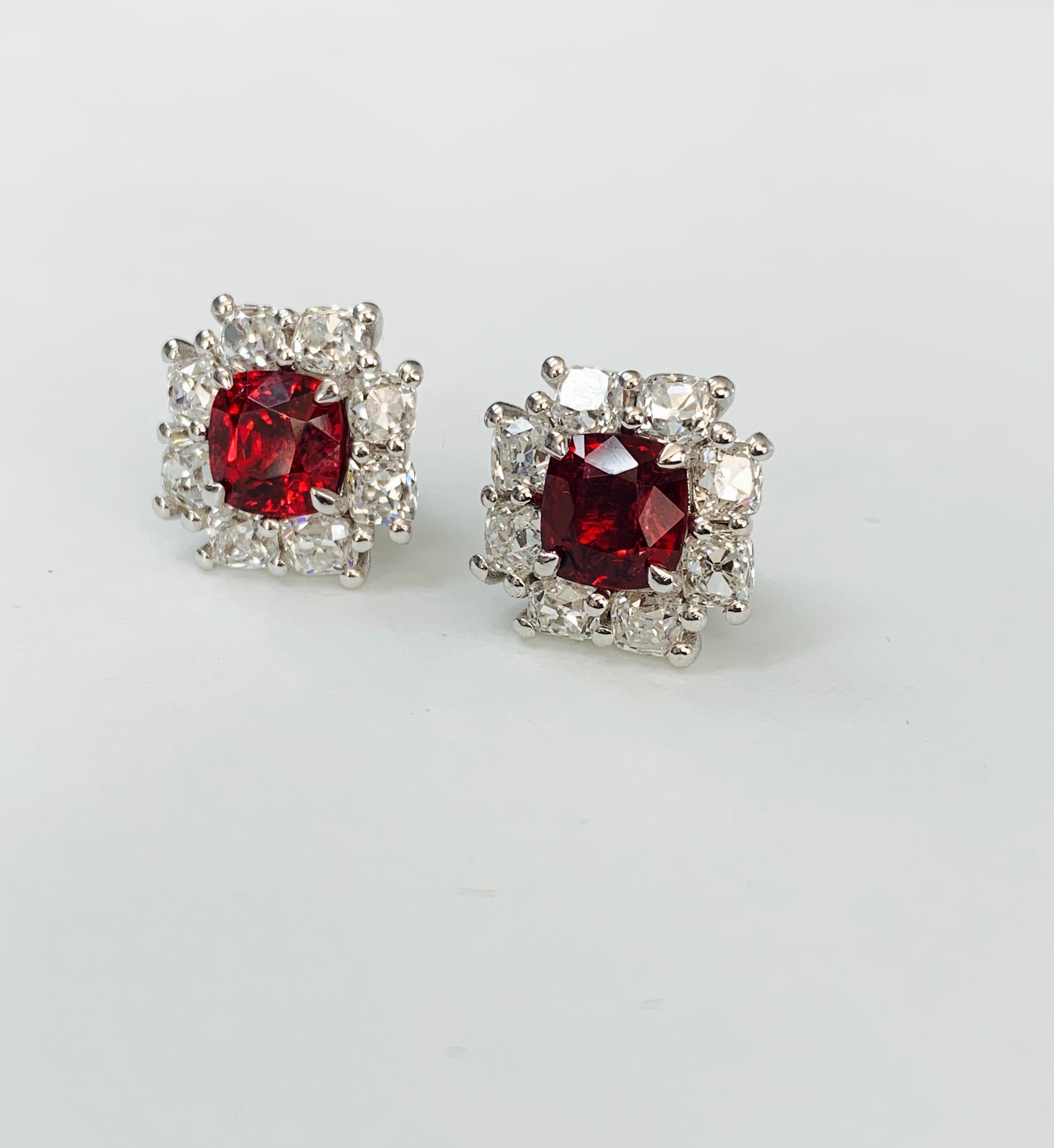 Cushion Cut GIA Certified No Heat Spinel and Diamond Stud Earrings in Platinum
