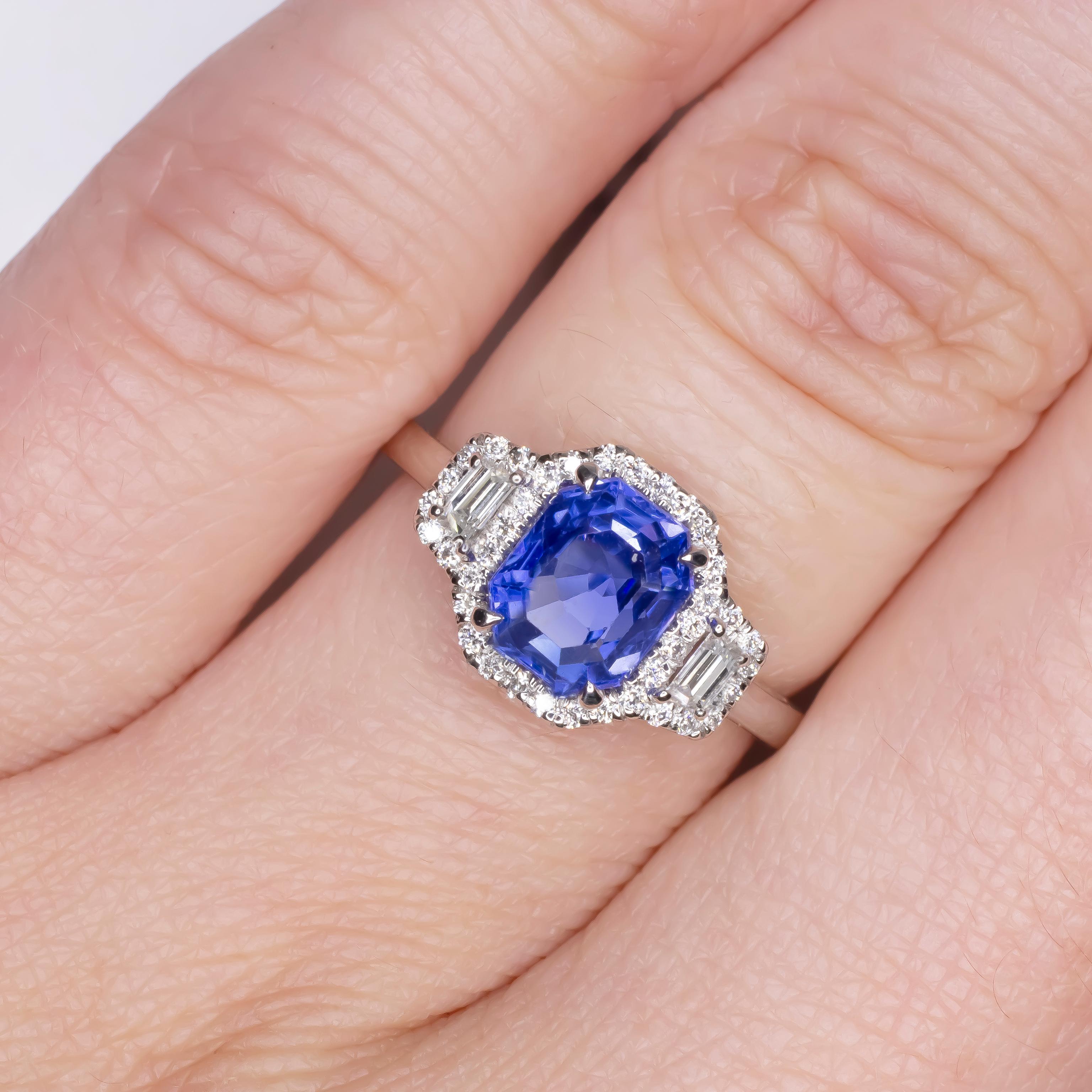 Modern GIA Certified No Heat Sri Lanka Royal Blue Emerald Diamond Ring  For Sale