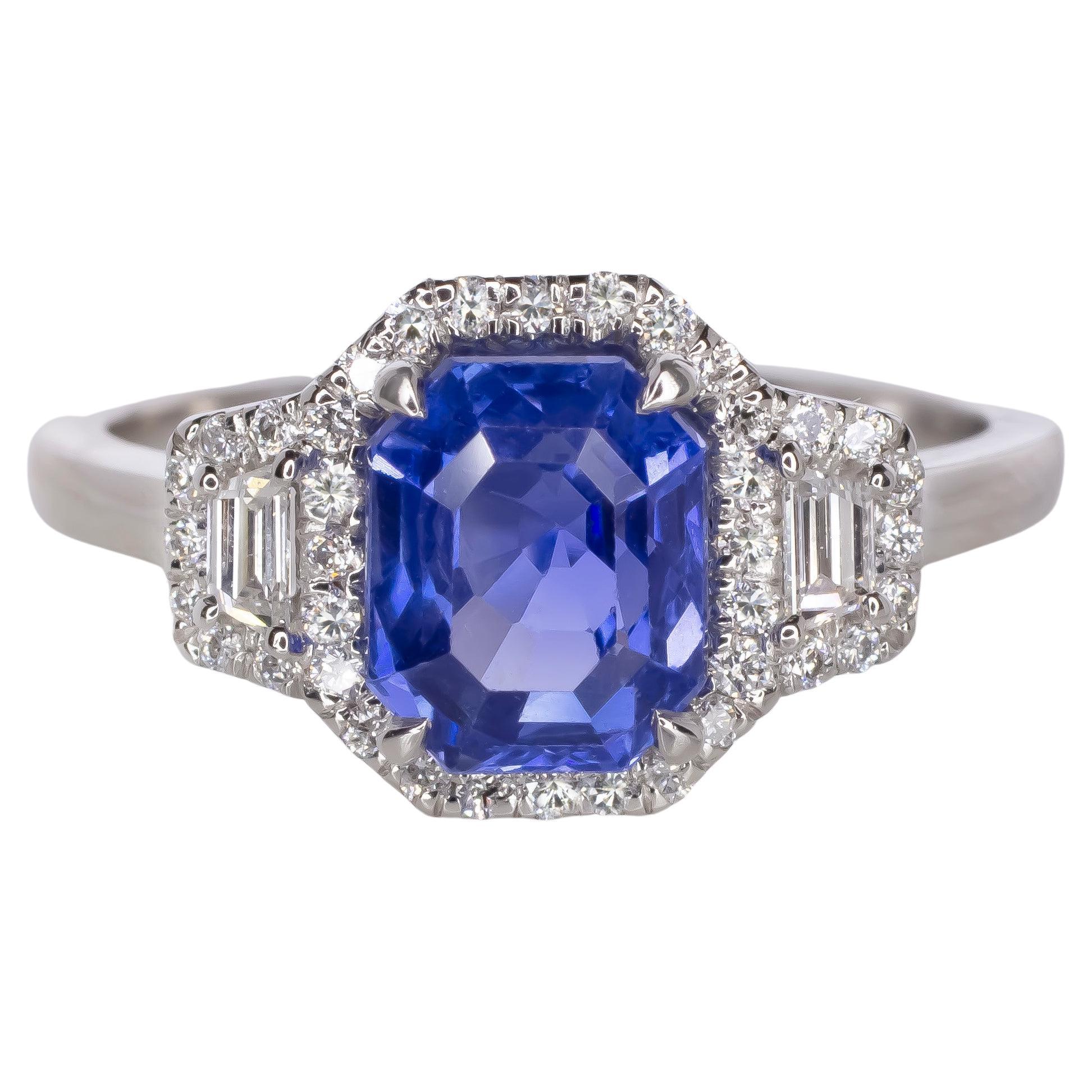 Bague avec diamant émeraude bleu roi du Sri Lanka non chauffée certifiée GIA  en vente