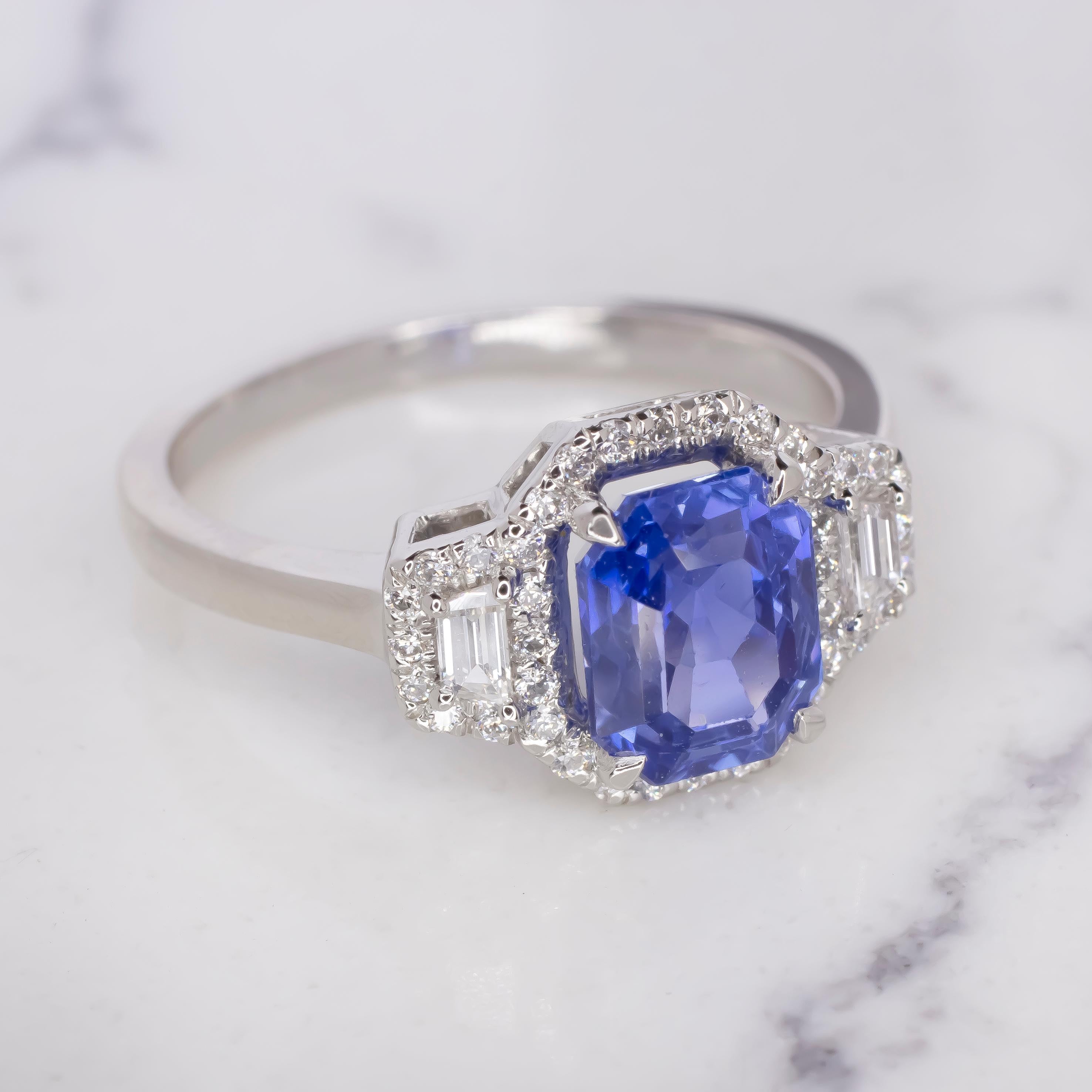 Contemporary Gia Certified No Heat Sri Lanka Royal Blue Emerald Cut Sapphire Platinum Ring For Sale