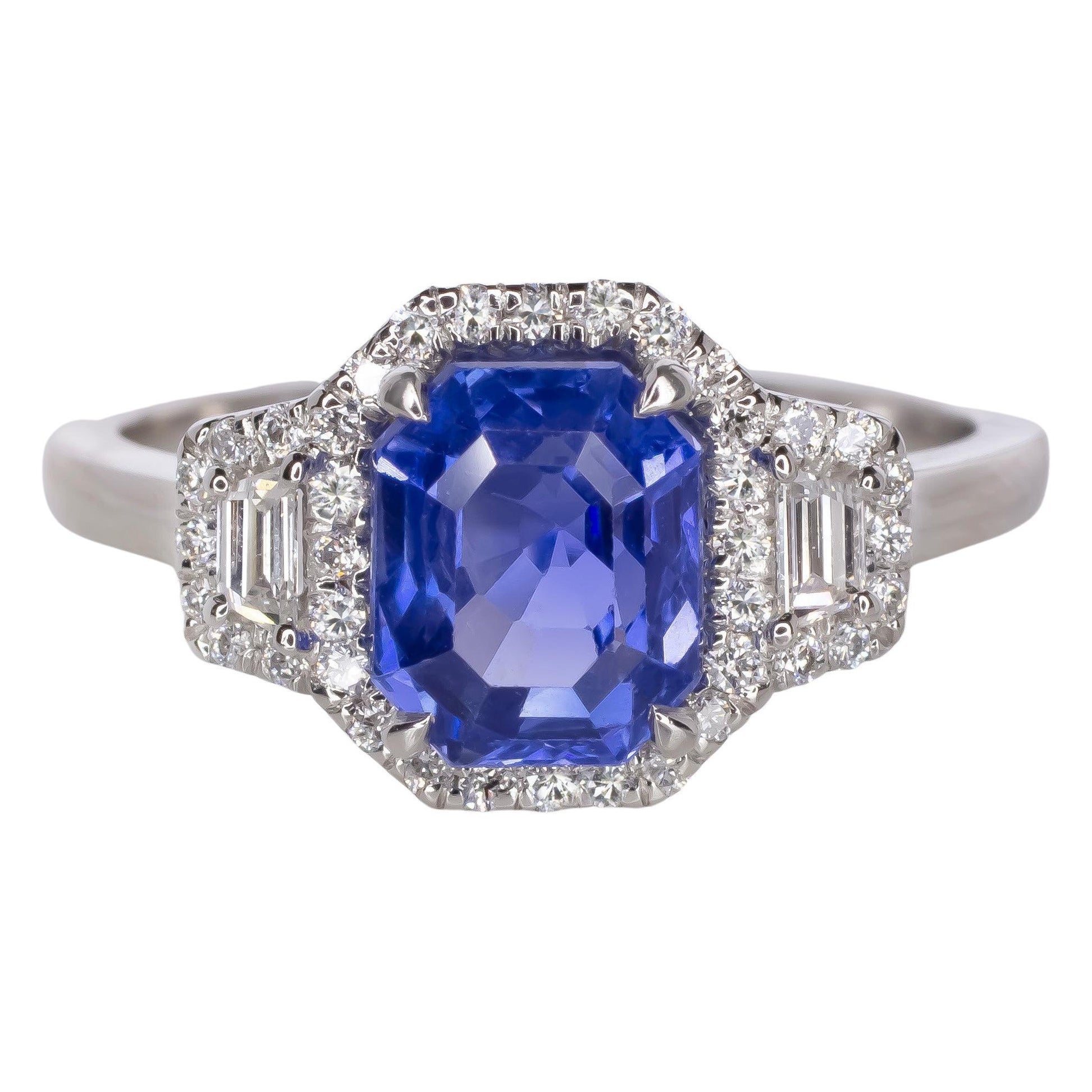 Gia Certified No Heat Sri Lanka Royal Blue Emerald Cut Sapphire Platinum Ring