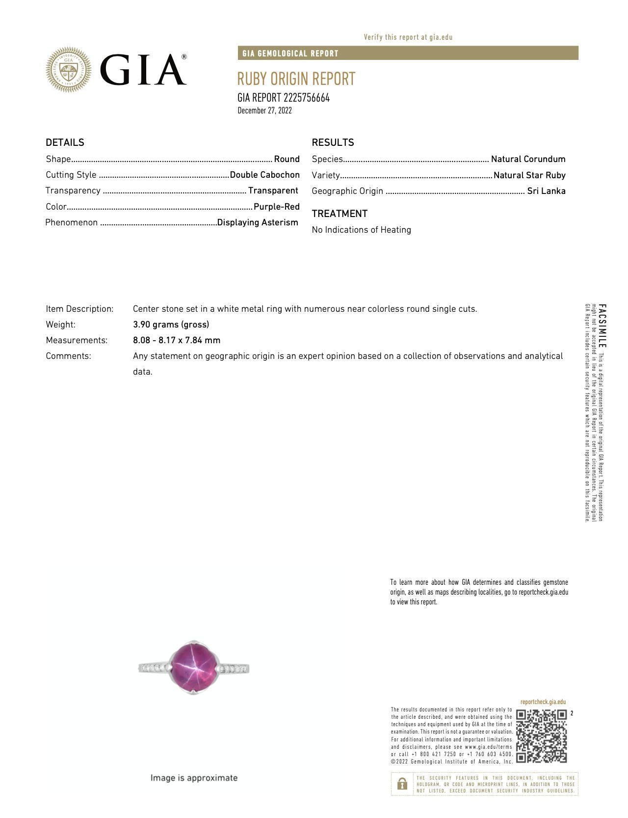 Bague en platine vintage avec rubis étoilé certifié GIA « No Heat » signée Dreicer & Co. Bon état - En vente à Miami, FL