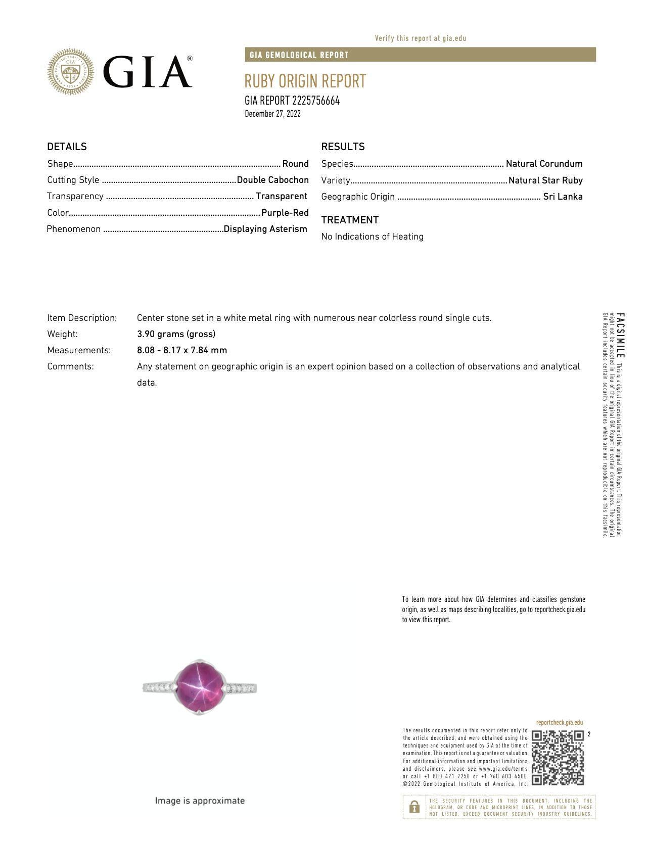 Rubí estrella sin calor certificado por el GIA en anillo vintage de platino firmado Dreicer & Co. en Bueno estado para la venta en Miami, FL