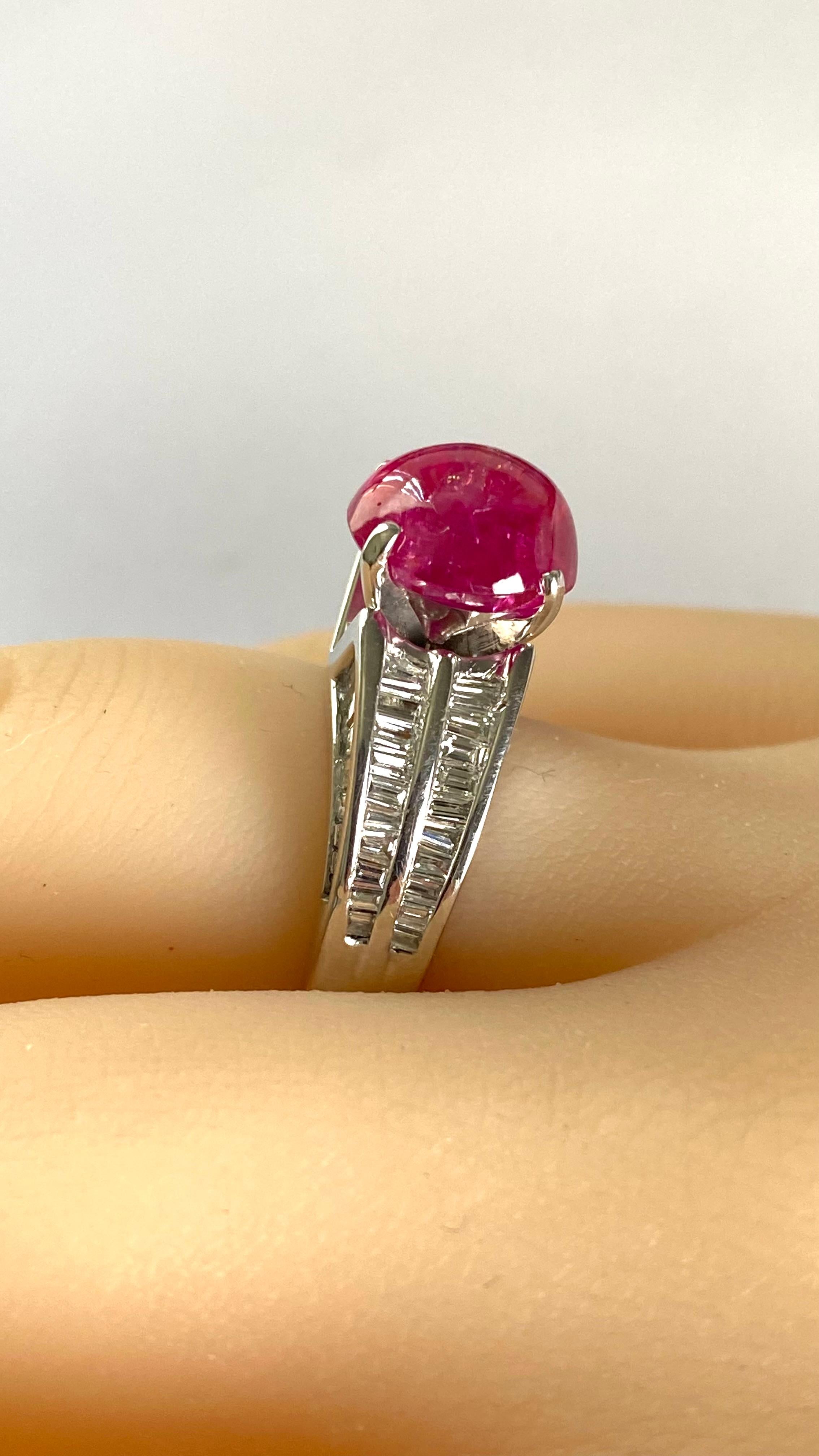 GIA Certified No Indication of Heating Burma Cabochon Ruby Diamond Platinum Ring For Sale 8