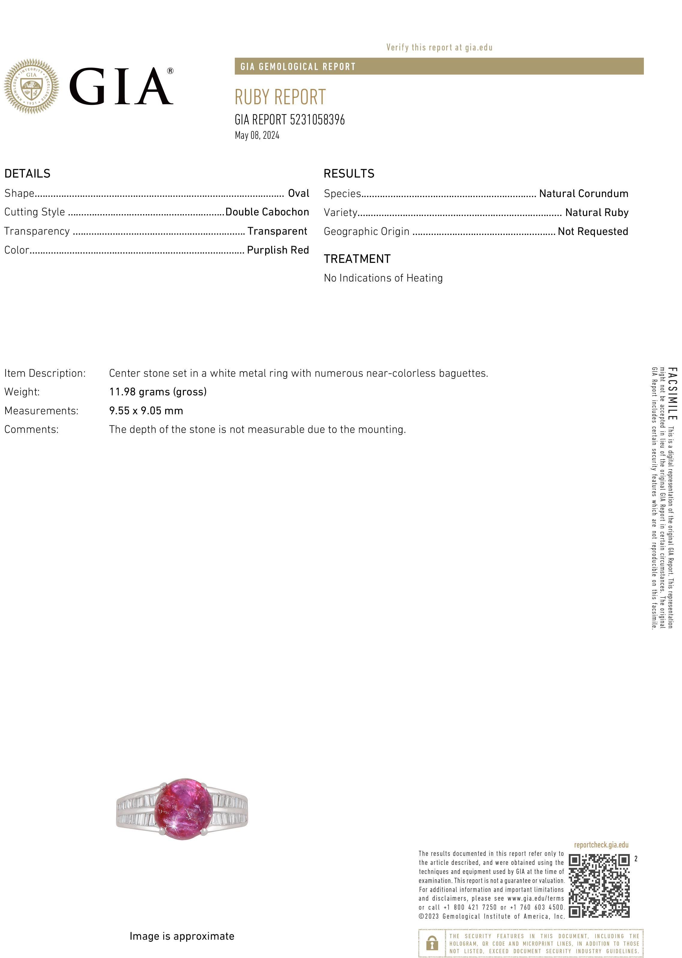 Contemporary GIA Certified No Indication of Heating Burma Cabochon Ruby Diamond Platinum Ring For Sale
