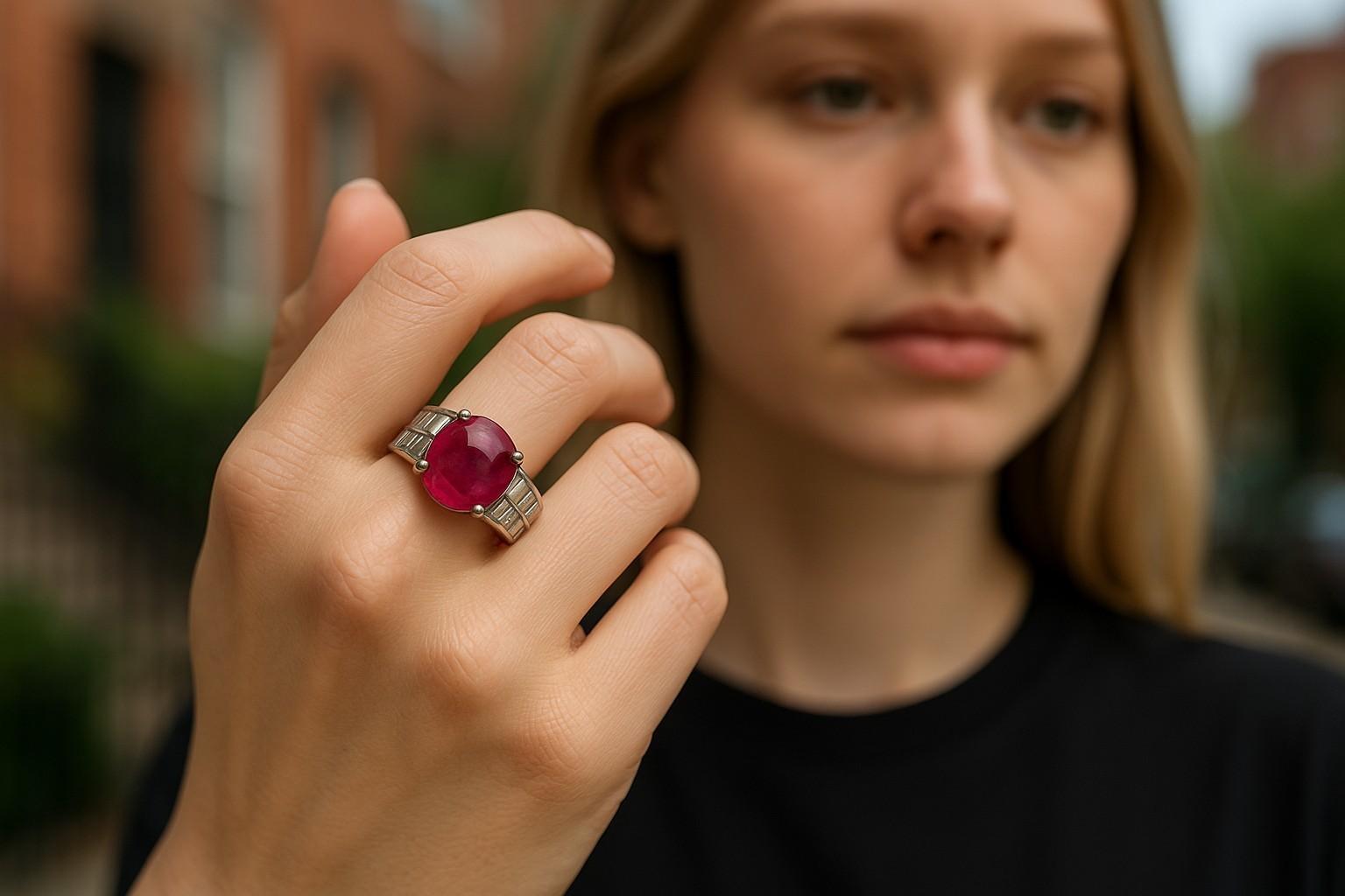 GIA Certified No Indication of Heating Burma Cabochon Ruby Diamond Platinum Ring In condizioni buone in vendita a New York, NY