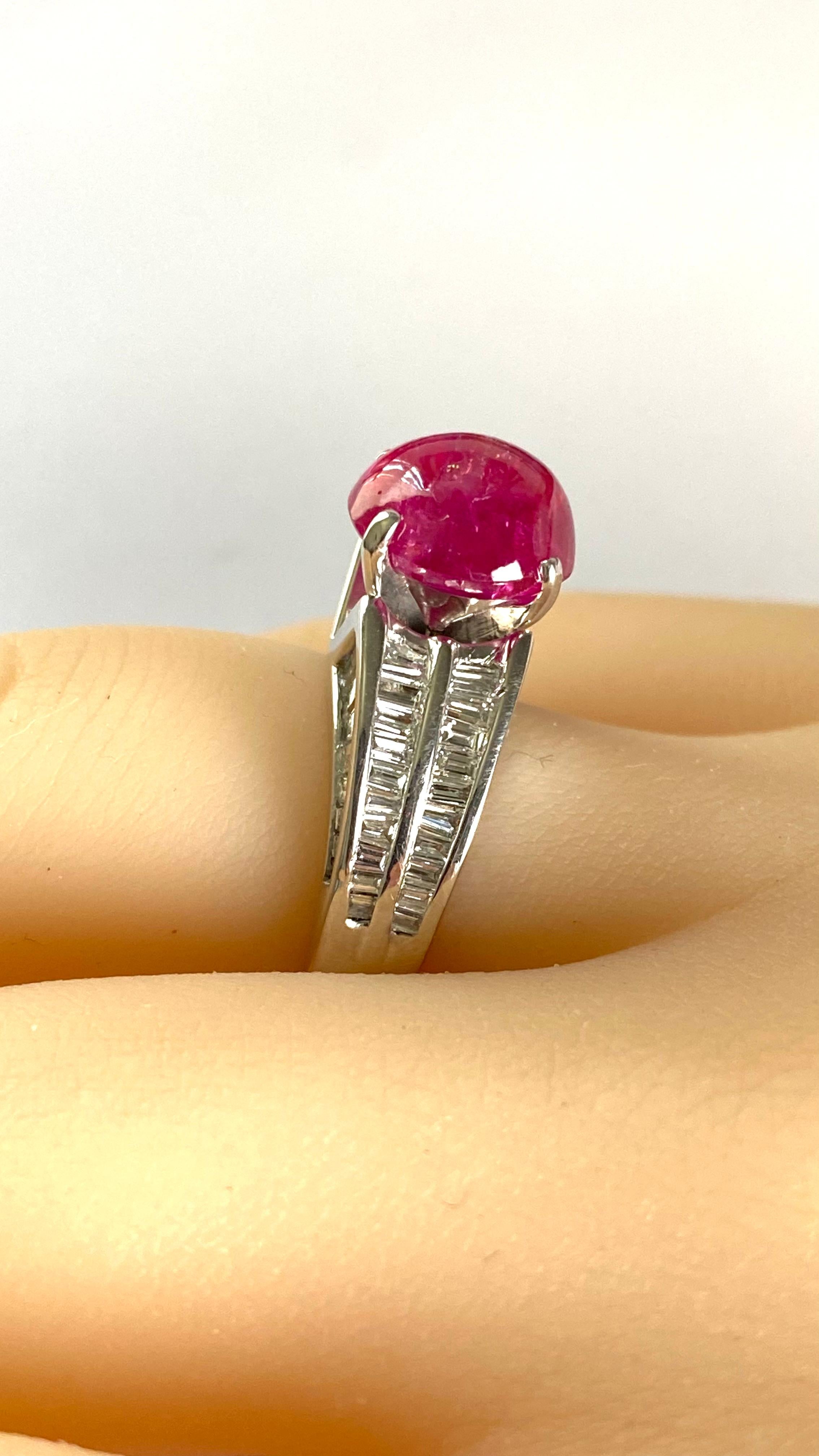 GIA Certified No Indication of Heating Burma Cabochon Ruby Diamond Platinum Ring For Sale 2