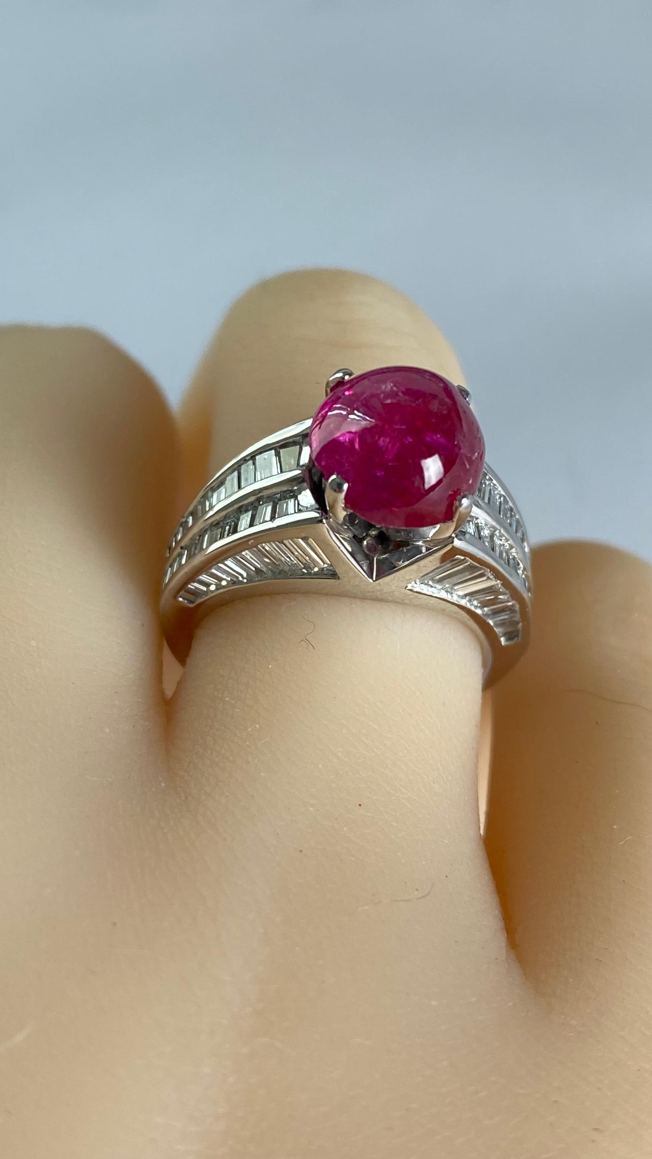 GIA Certified No Indication of Heating Burma Cabochon Ruby Diamond Platinum Ring For Sale 3