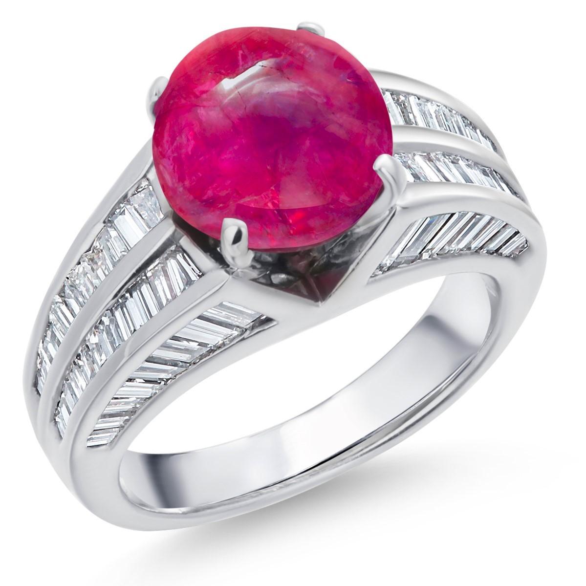 GIA Certified No Indication of Heating Burma Cabochon Ruby Diamond Platinum Ring For Sale 4