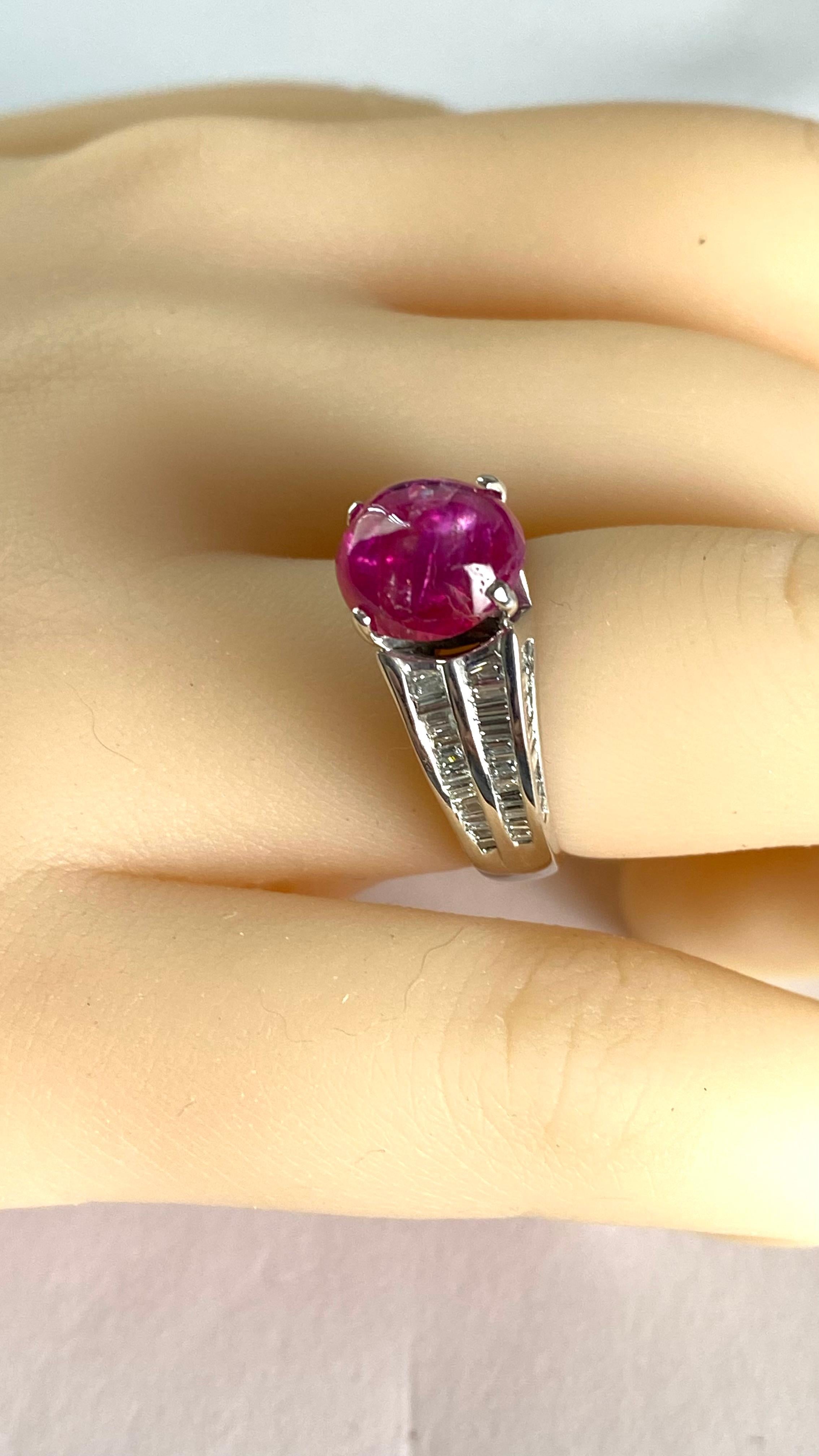 GIA Certified No Indication of Heating Burma Cabochon Ruby Diamond Platinum Ring For Sale 5
