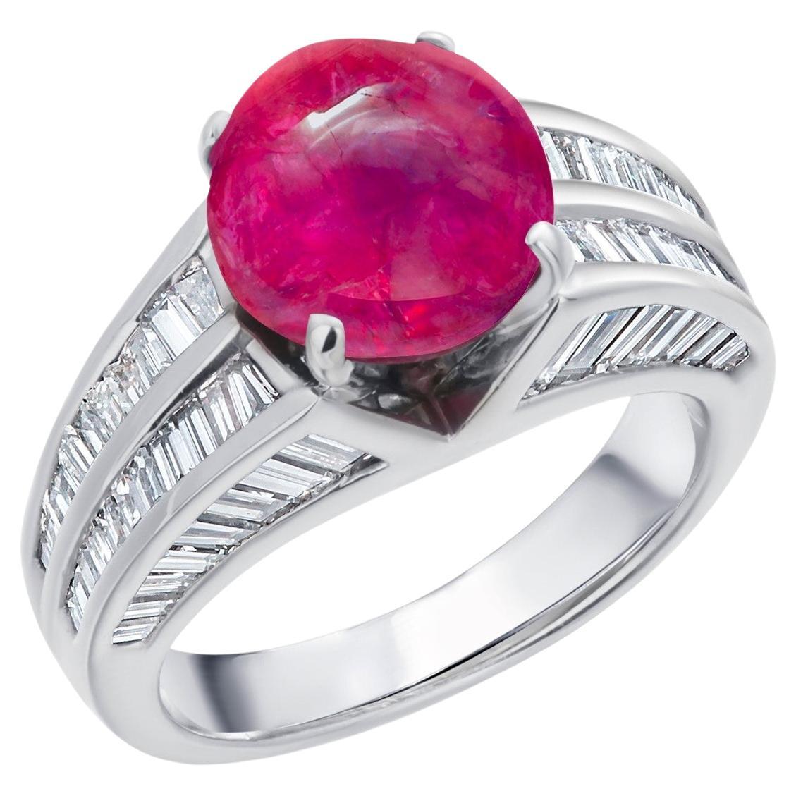 GIA Certified No Indication of Heating Burma Cabochon Ruby Diamond Platinum Ring For Sale