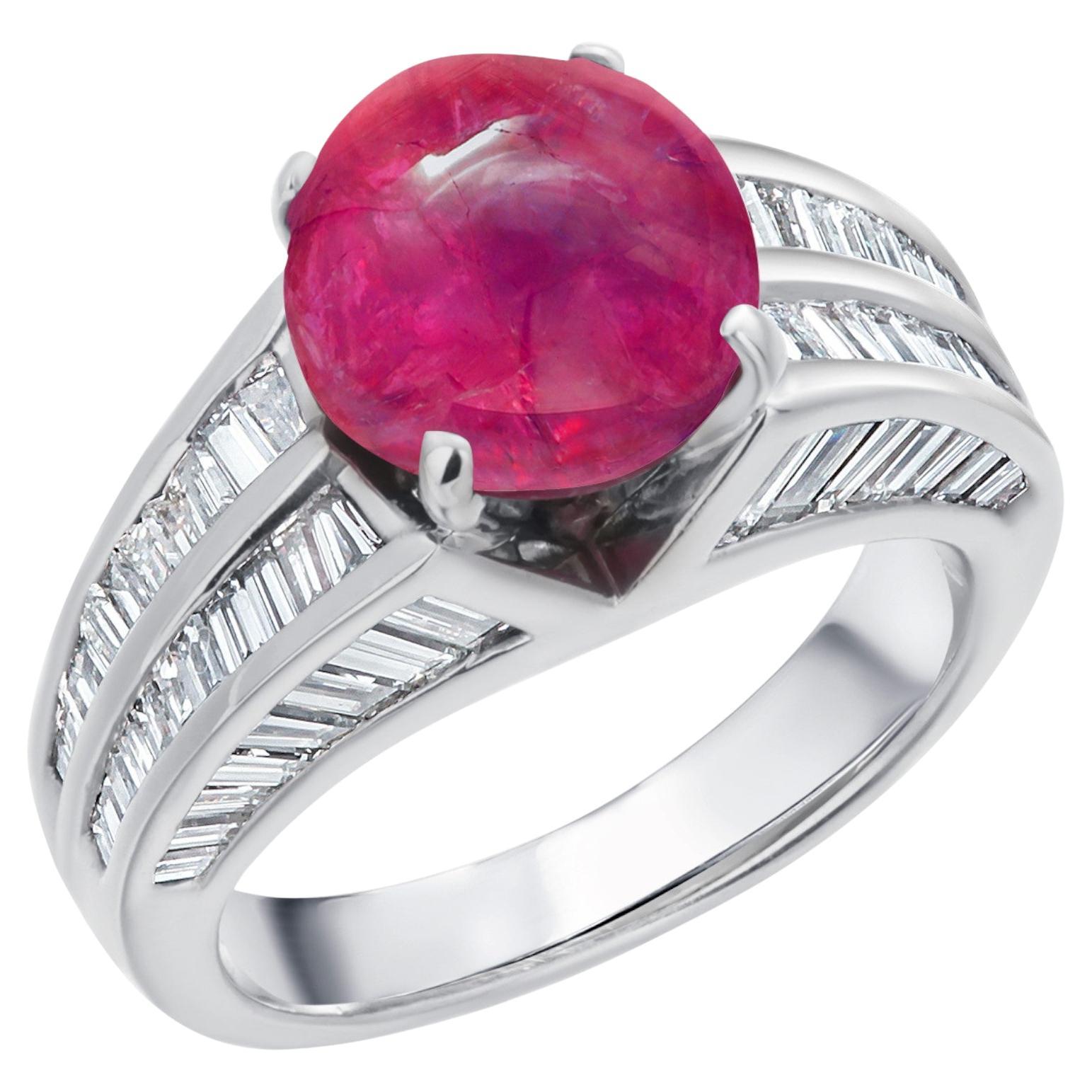 GIA Certified No Indication of Heating Burma Cabochon Ruby Diamond Platinum Ring in vendita