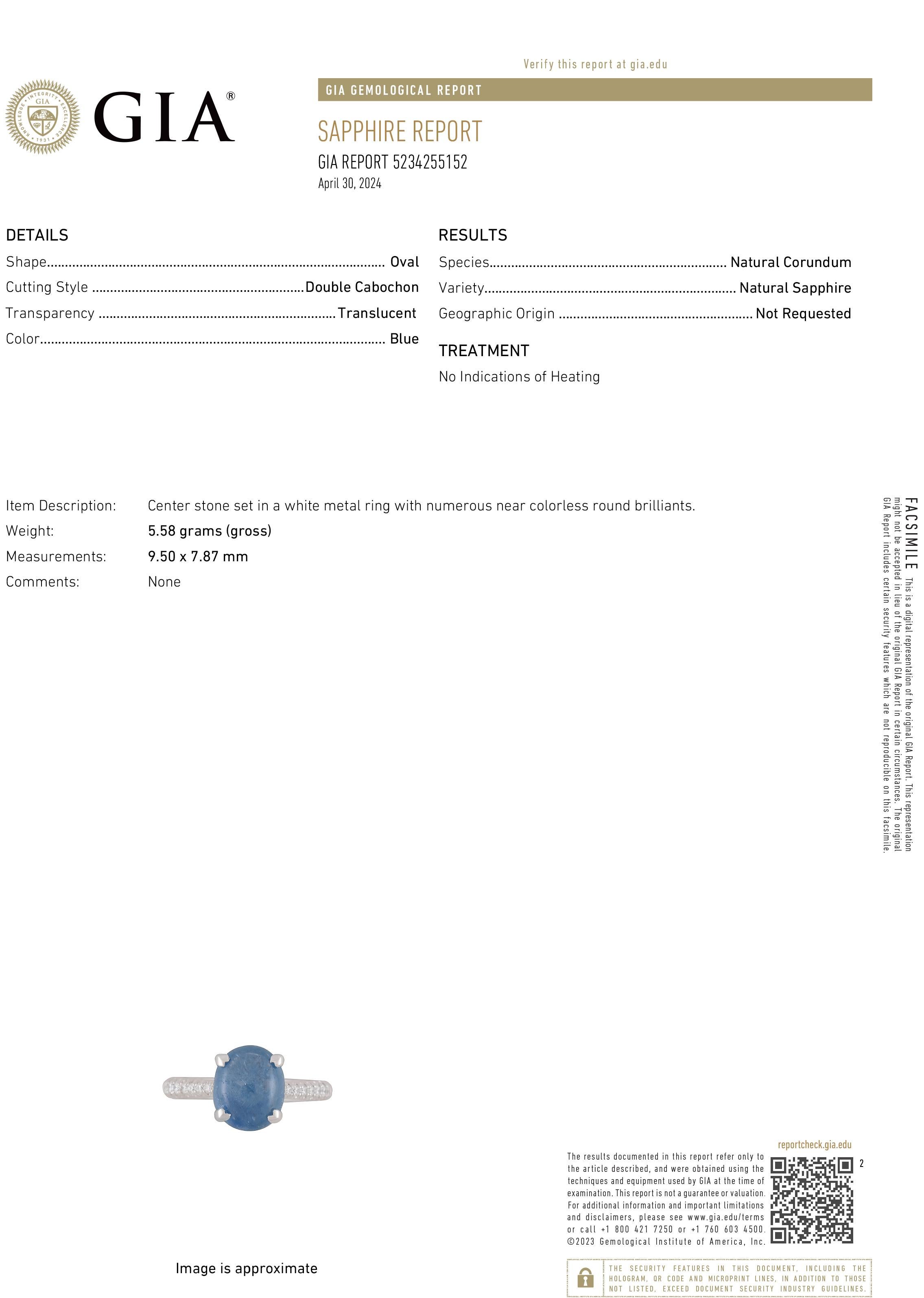 Contemporary GIA Certified No Indication of Heating Cabochon Sapphire Diamond Platinum Ring For Sale