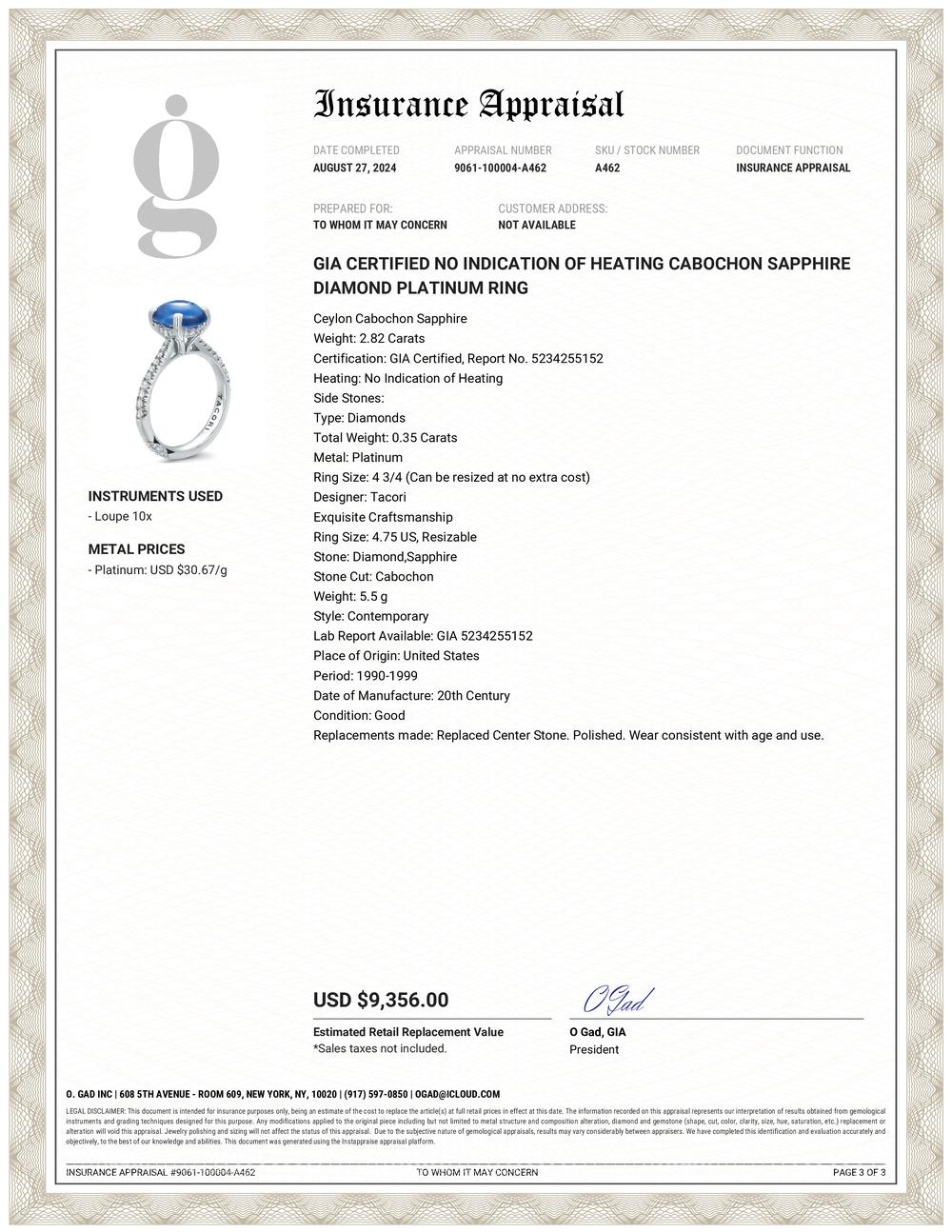 GIA Certified No Indication of Heating Cabochon Sapphire Diamond Platinum Ring In Good Condition For Sale In New York, NY