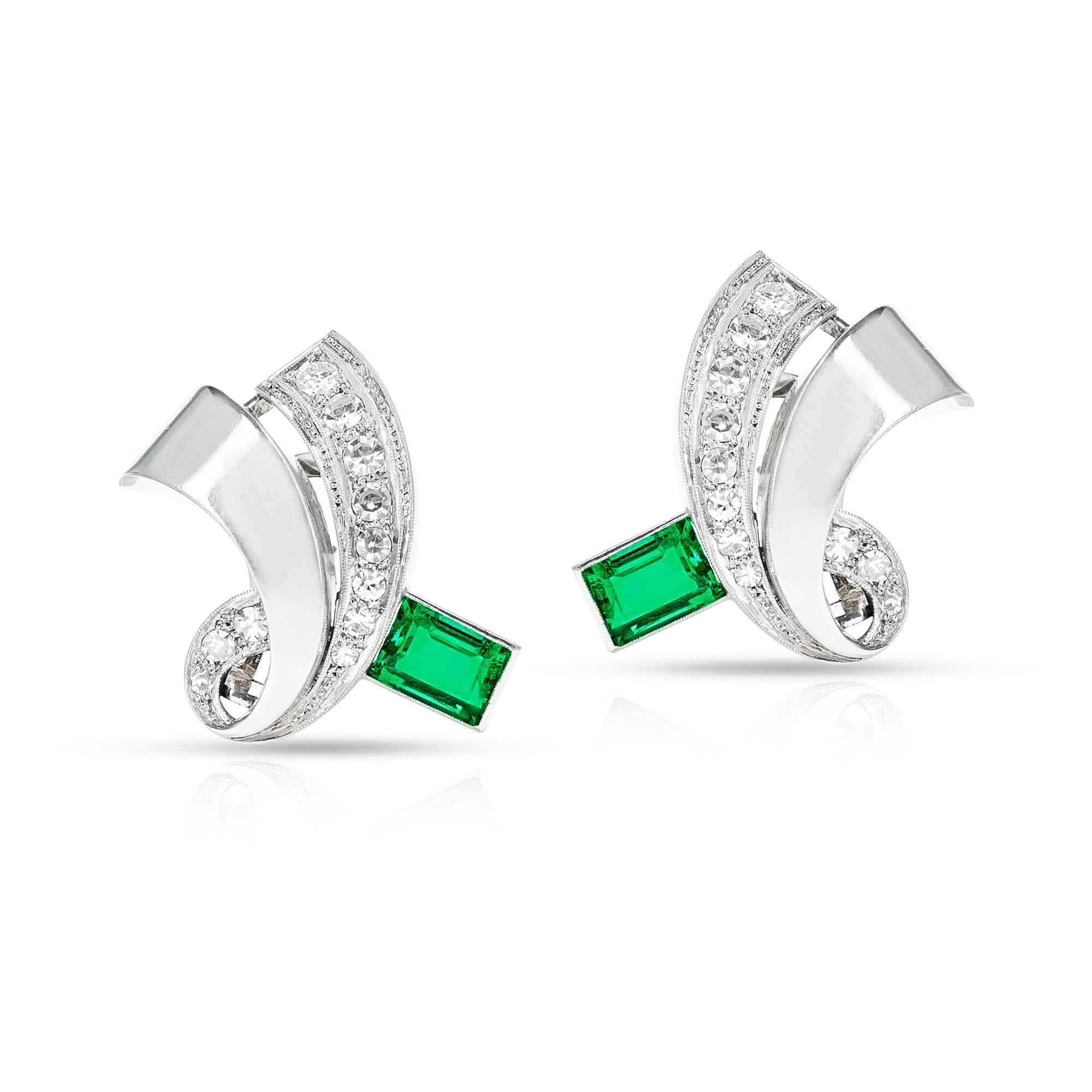A pair of GIA Certified Natural Rectangular Colombian Emeralds and Diamond Earrings made in Platinum. The emeralds weigh 1.12 carats and 1.15 carats. The total weight of the earrings is 14.50 grams. 