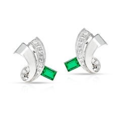 GIA Certified No-Oil Rectangular Colombian Emeralds and Diamond Earrings, PT