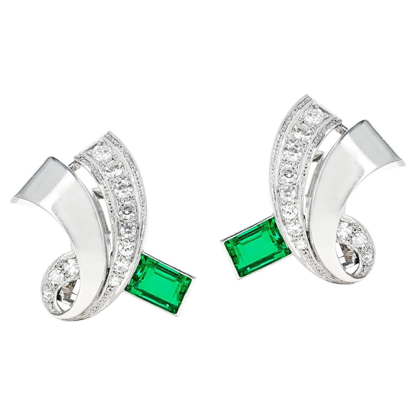 GIA Certified No-Oil Rectangular Colombian Emeralds and Diamond Earrings, PT For Sale