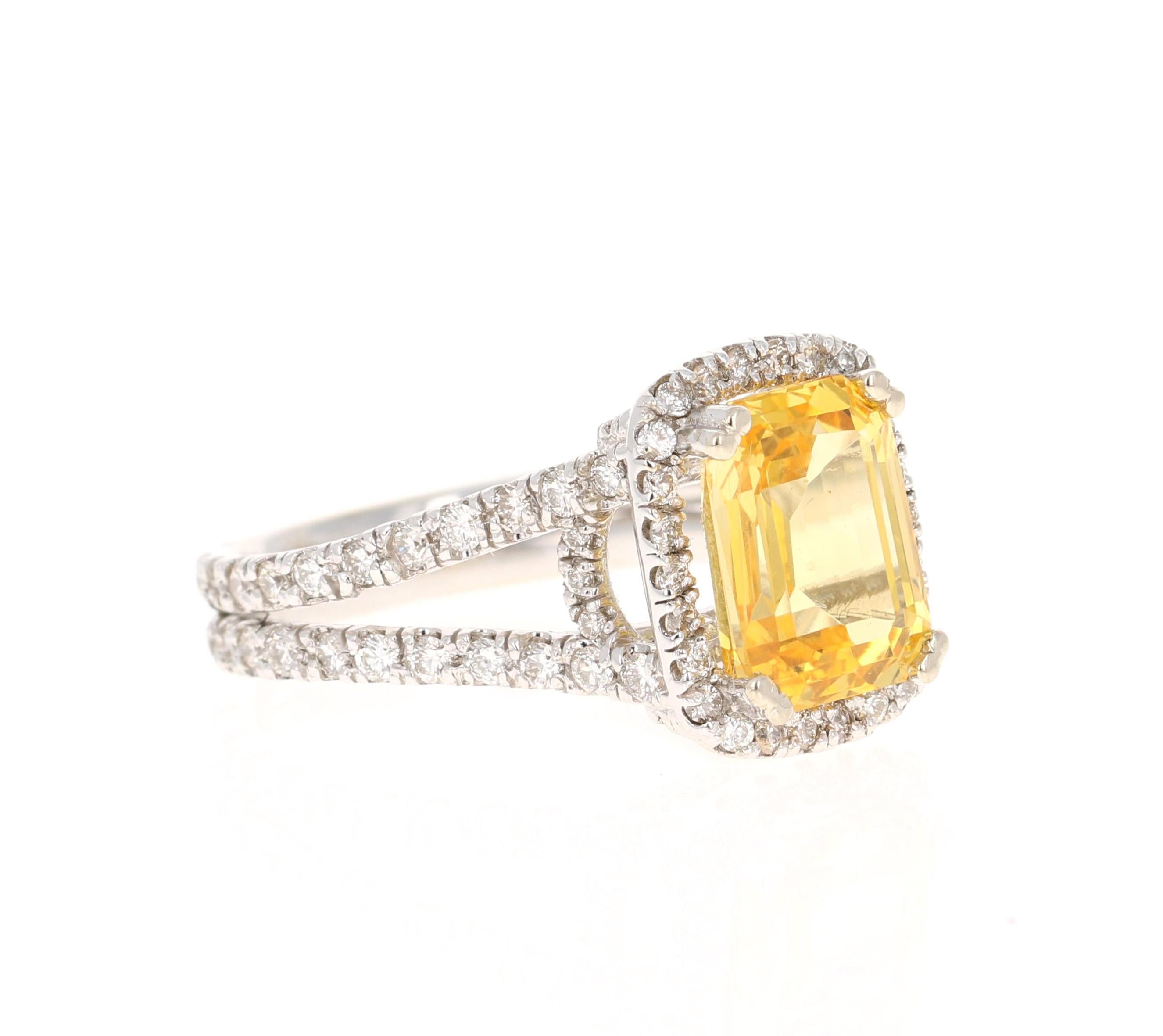 Classic Yellow Sapphire Halo Diamond Ring! 

This beautiful ring has a Emerald Cut Yellow Sapphire that weighs 5.27 Carats. It has a Halo of 94 Round Cut Diamonds that weigh 1.23 Carats. (Clarity: VS, Color: H)
The Emerald Cut Yellow Sapphire is GIA