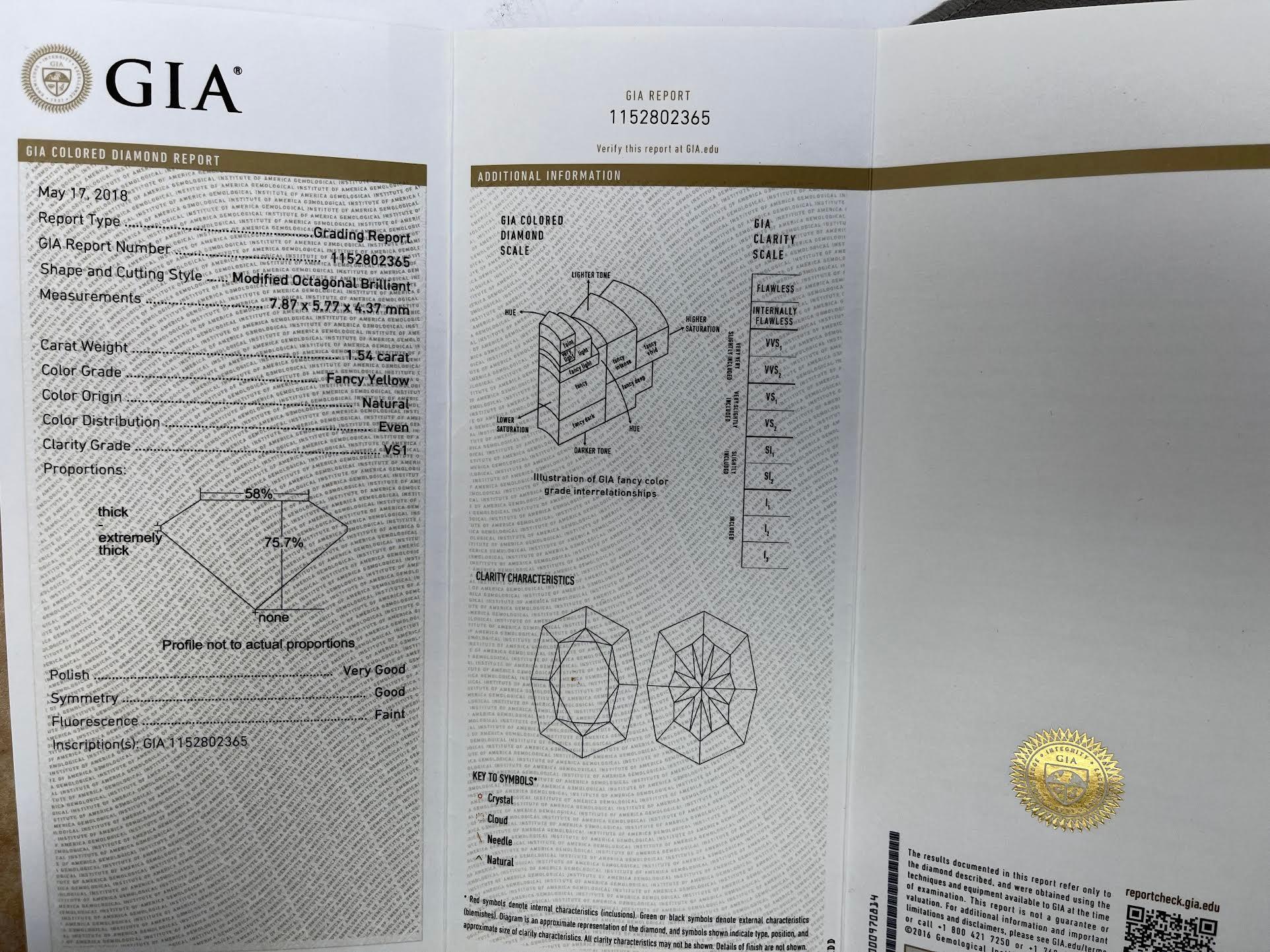 Women's or Men's GIA Certified Octagonal 1.54 Carat Natural Loose Fancy Yellow VS1 Diamond For Sale