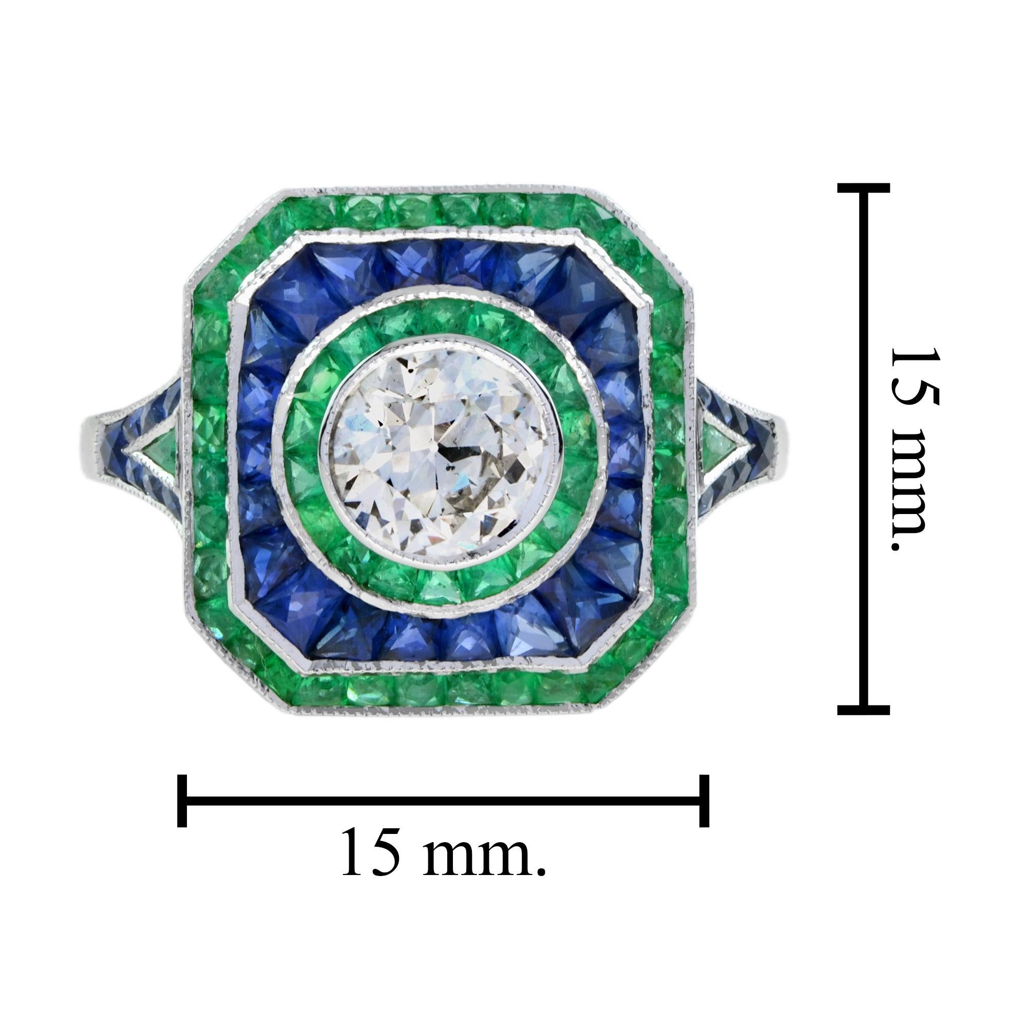 Women's GIA Certified Old Cut Diamond with Sapphire Emerald Engagement Ring in 18k Gold