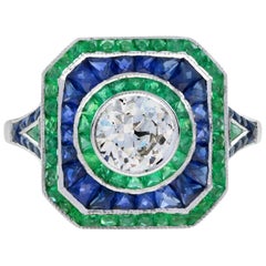 GIA Certified Old Cut Diamond with Sapphire Emerald Engagement Ring in 18k Gold