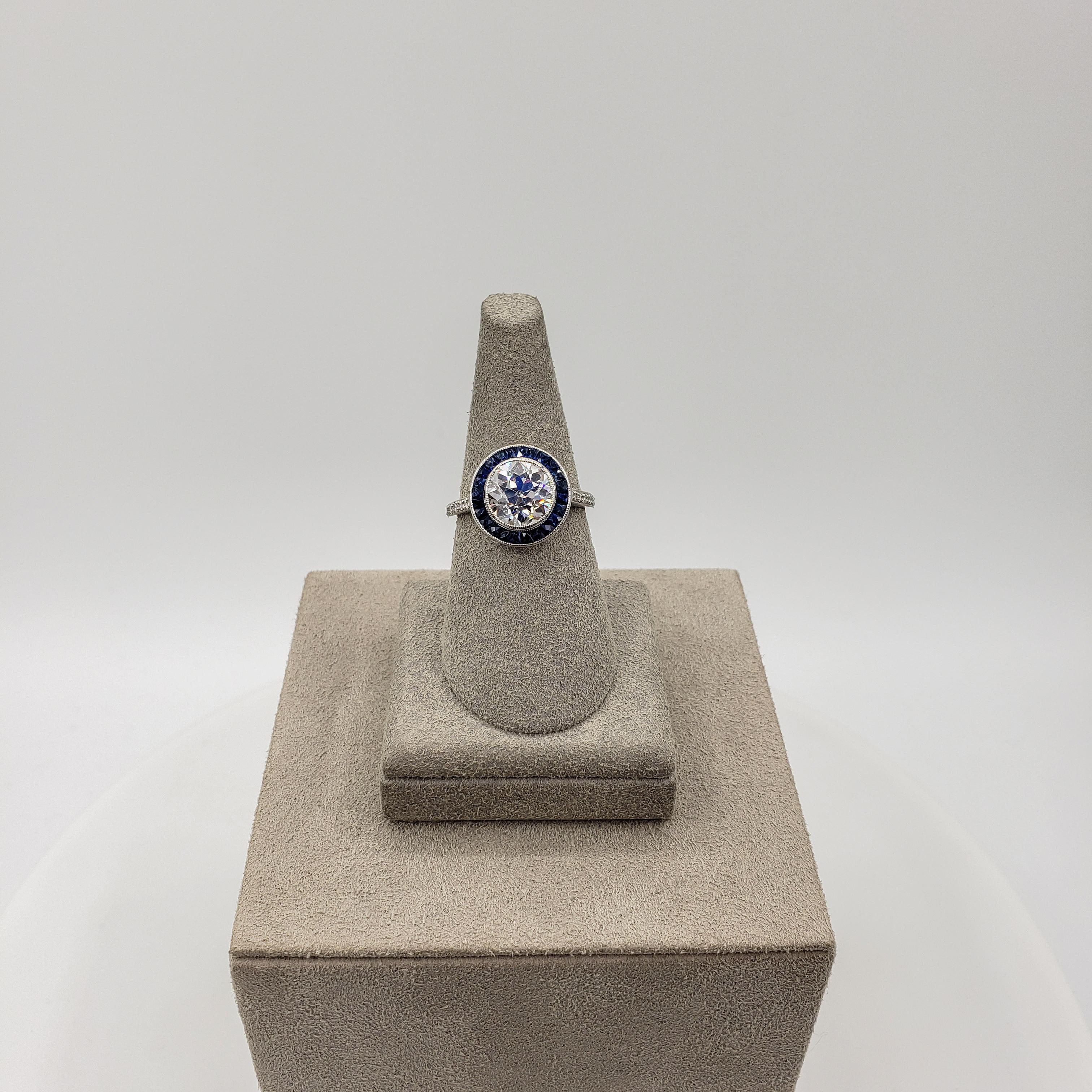 GIA Certified 2.15 Old European Cut Diamond and Sapphire Halo Engagement Ring In New Condition For Sale In New York, NY