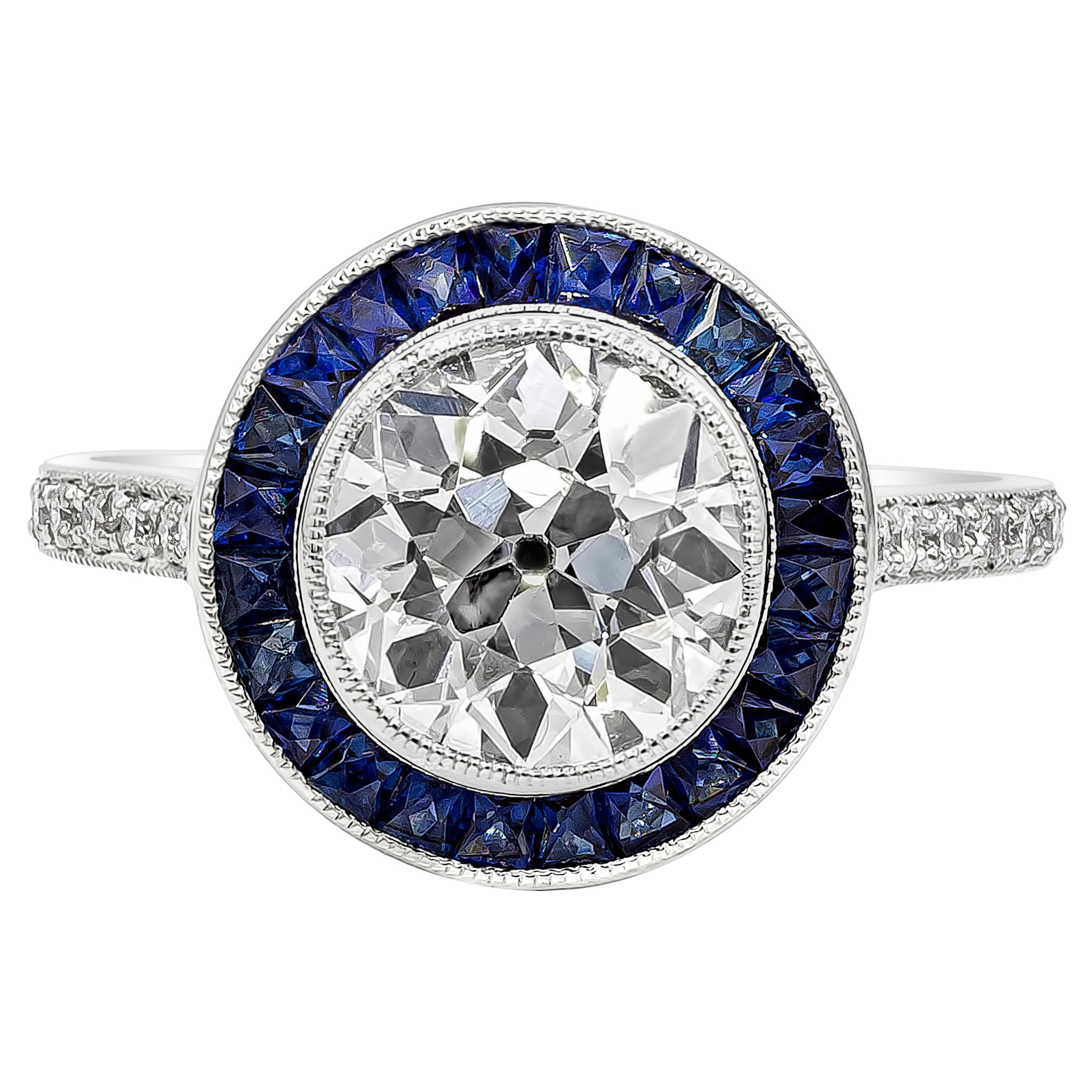 GIA Certified 2.15 Old European Cut Diamond and Sapphire Halo Engagement Ring For Sale
