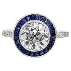 GIA Certified 2.15 Carats Old European Cut Diamond & Sapphire Halo Wedding Ring