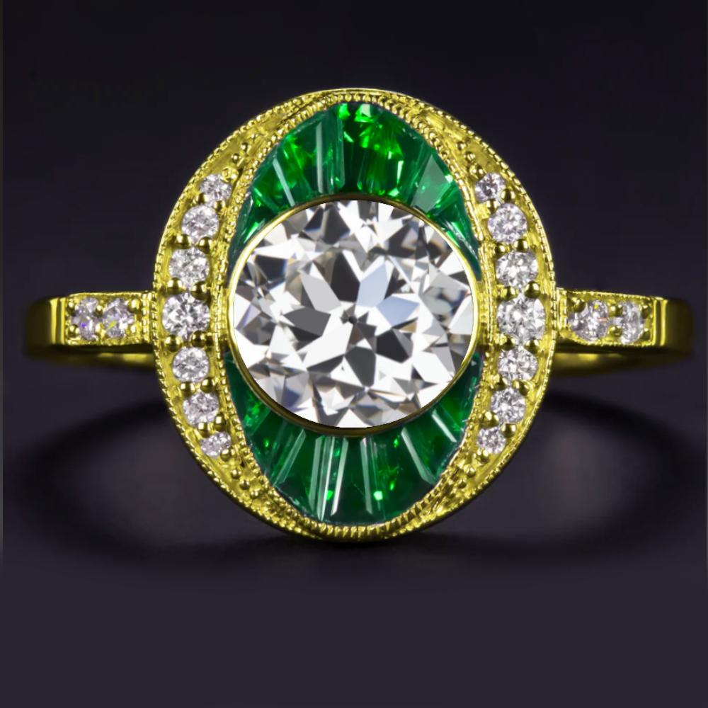 GIA Certified Old European Cut Diamond Art Deco Style Emerald & Diamond Ring In New Condition For Sale In Chicago, IL
