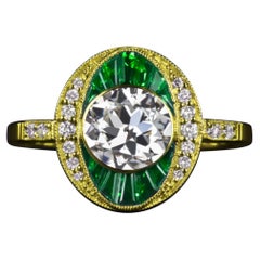 GIA Certified Old European Cut Diamond Art Deco Style Emerald & Diamond Ring