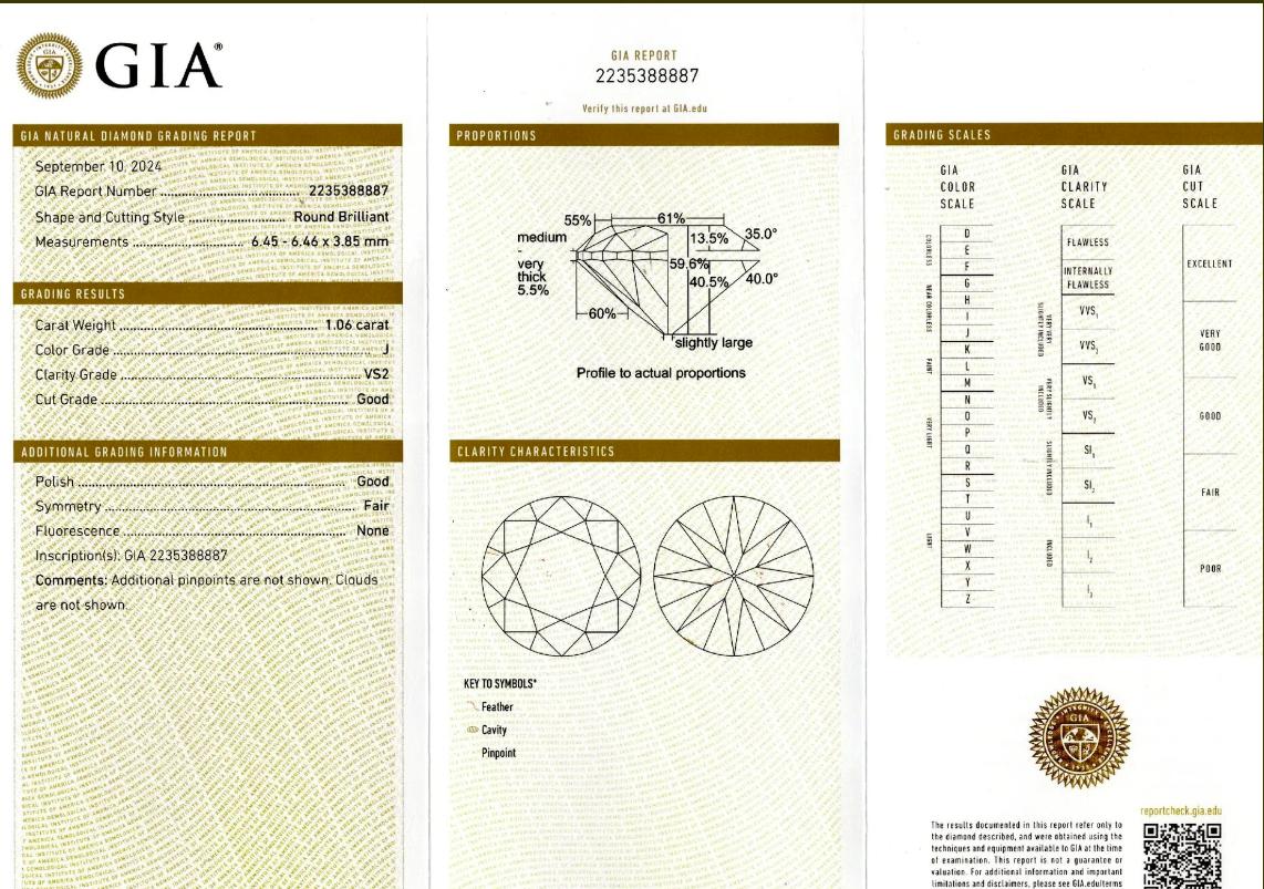 💎 Center Stone: 1.06 carat Old European Cut diamond (GIA Certified)
📜 Certification: GIA
🎨 Color: J – Faces up beautifully white
🔍 Clarity: VS2 – Excellent clarity, eye clean
📐 Measurements: 6.46 x 6.45 mm
💍 Setting: 14K White Gold, 5.1
