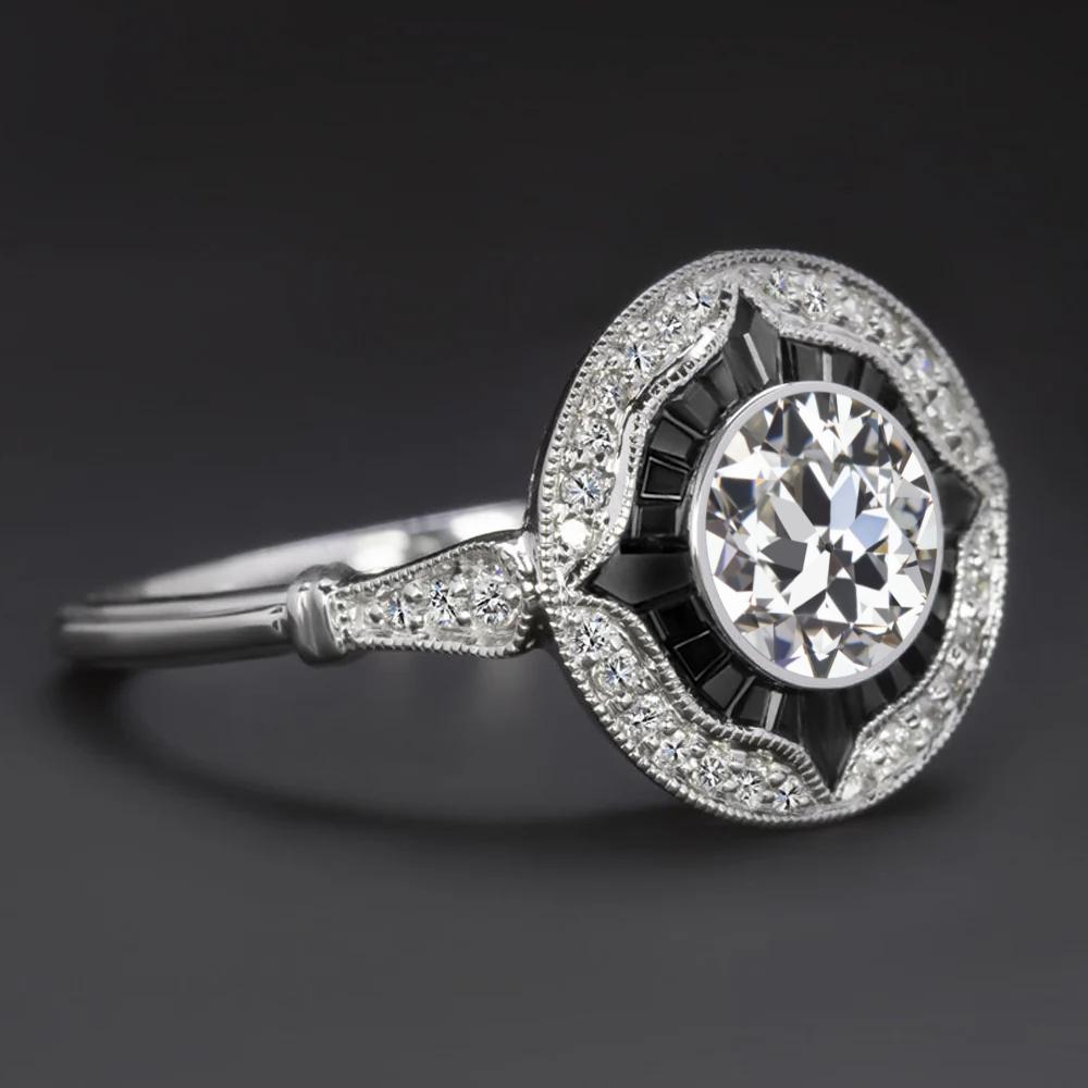 GIA Certified Old European Cut Diamond Art Deco Style Onyx & Diamond Ring In New Condition For Sale In Chicago, IL