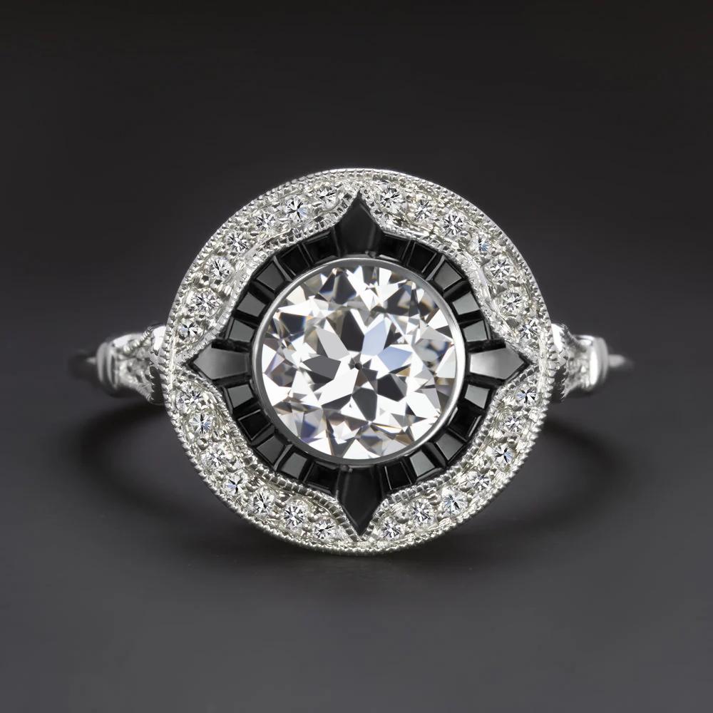 Women's or Men's GIA Certified Old European Cut Diamond Art Deco Style Onyx & Diamond Ring For Sale