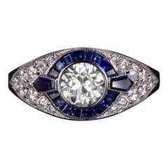 GIA Certified Old European Cut Diamond Blue Sapphire Cocktail Ring F Color