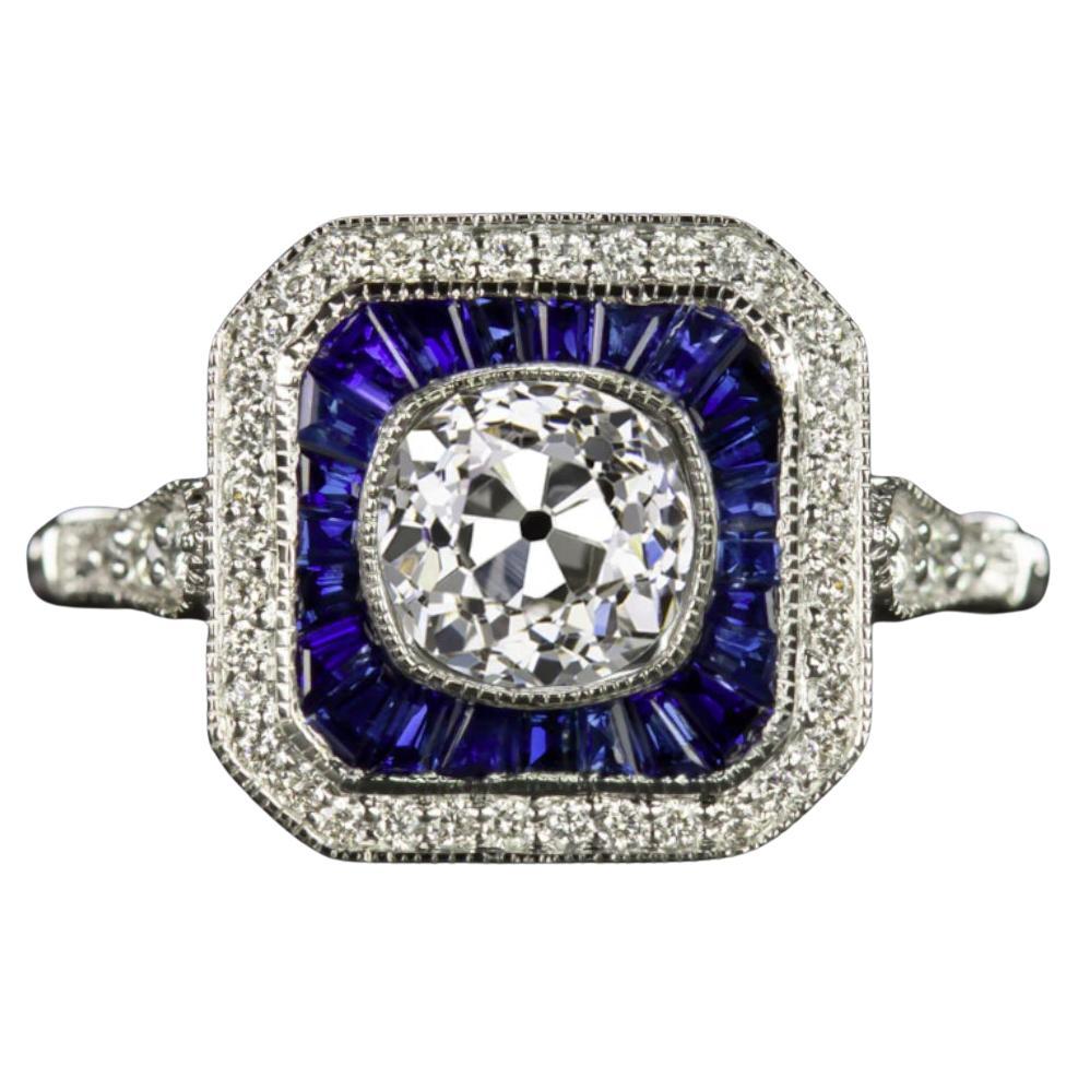 GIA Certified Old European Diamond Sapphire Double Halo Art Deco Ring For Sale