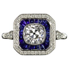 GIA Certified Old European Diamond Sapphire Double Halo Art Deco Ring