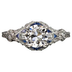 GIA Certified Old European Diamond Sapphire Ring 