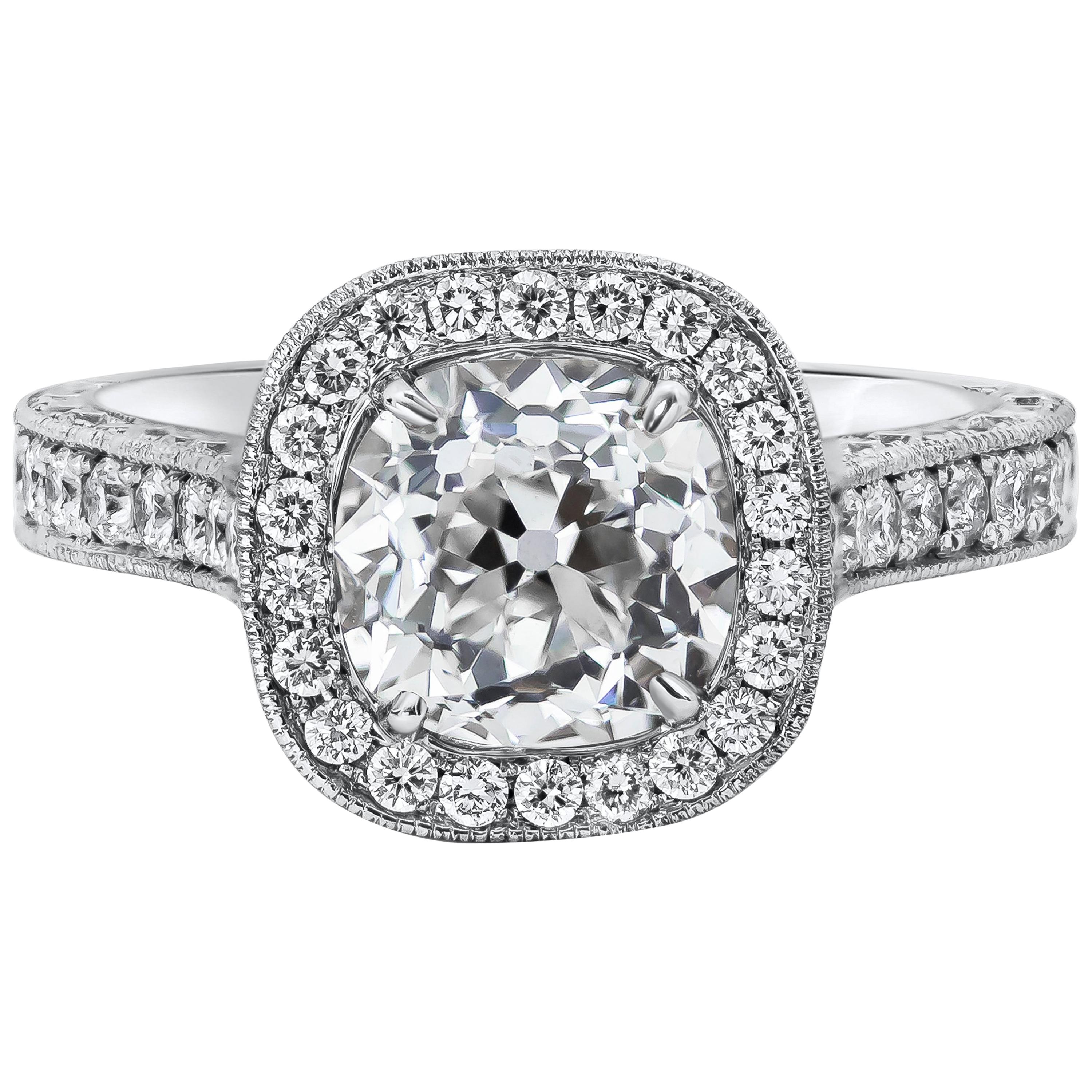 Bague de fiançailles avec halo de diamants taille brillant taille ancienne de 2,10 carats certifiés GIA
