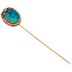 GIA Certified Gold Opal Pin Natural Doublet Cabochon Pearl Brooch, Circa 1975