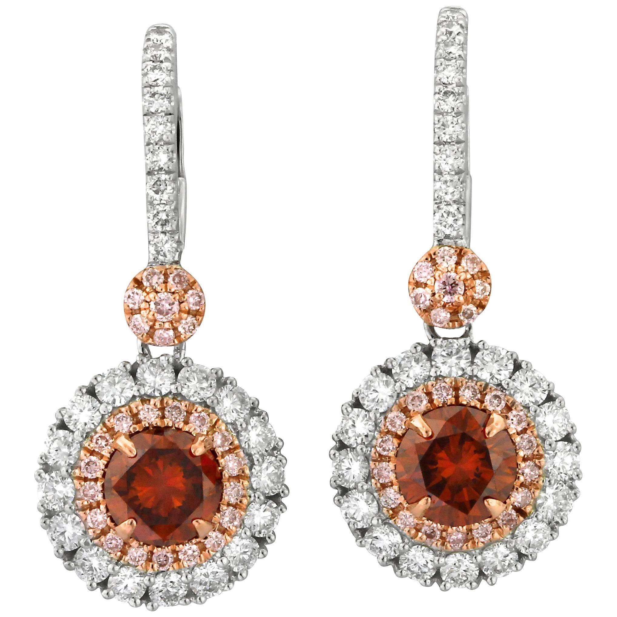 GIA Certified Orange Diamond Pink Diamond White Diamond Gold Earring For Sale