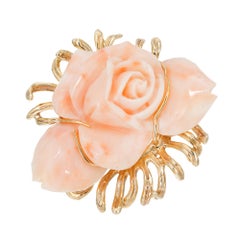 GIA Certified Orange Pink Coral Yellow Gold Carved Flower Brooch